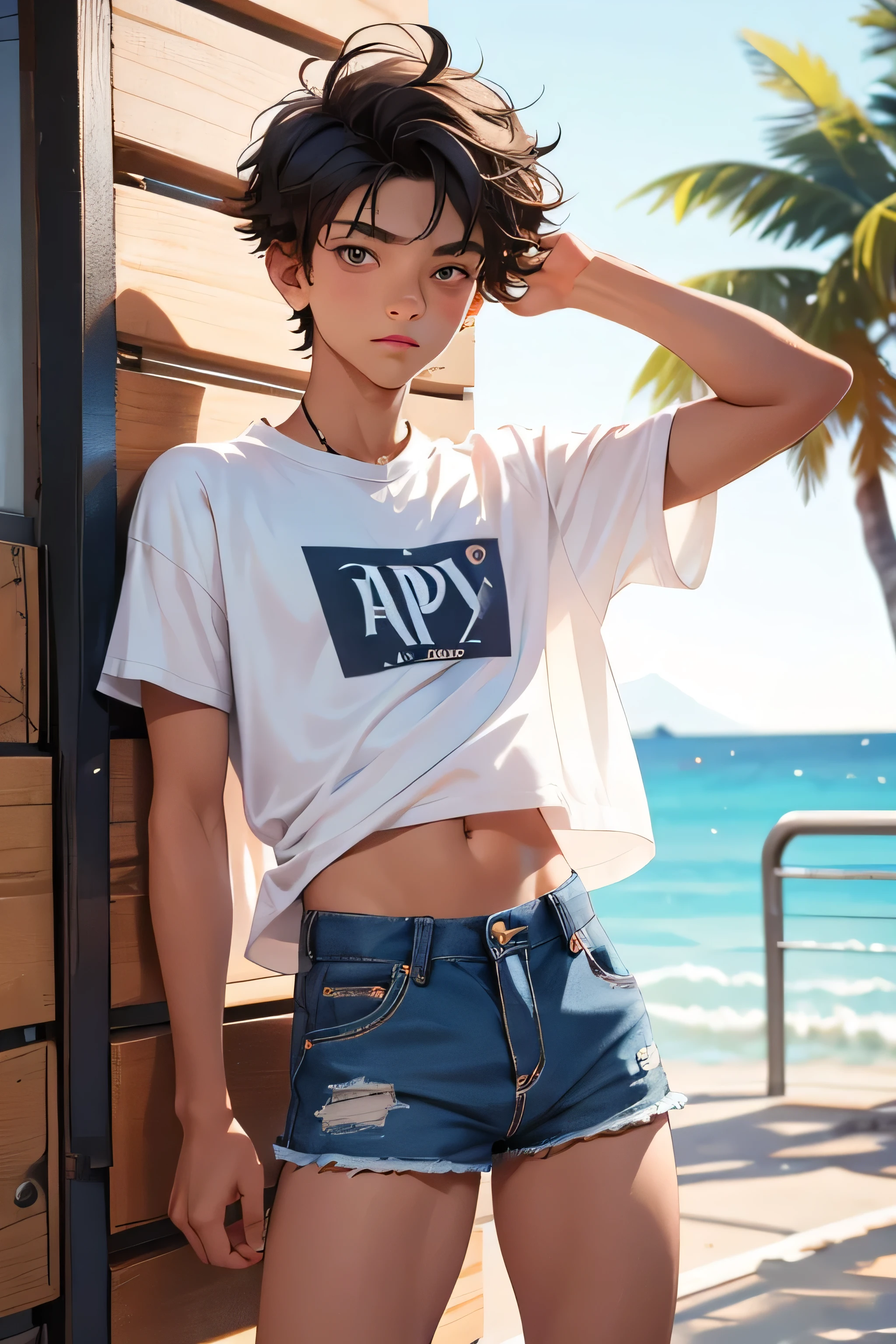 teenage boy 16 years old, the boy is a handsome cute model, a teenage boy is dressed in a cropped shirt and too much short mini shorts, the shorts are too much short and sporty, the boy's legs are beautiful, the boy is posing flirtatiously, hot summer outfit , top quality