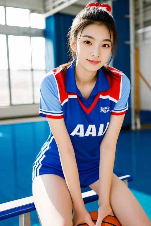 Young Asian man Arav in a blue and red volleyball uniform poses for a photo., Wear a volleyball shirt., Height 165 cm, Height 155 cm, Wear a basketball shirt., Shin Min Jung, Cute sportswear, Seson Yoon, With a backdrop of natural light., , Heonhwa Cho