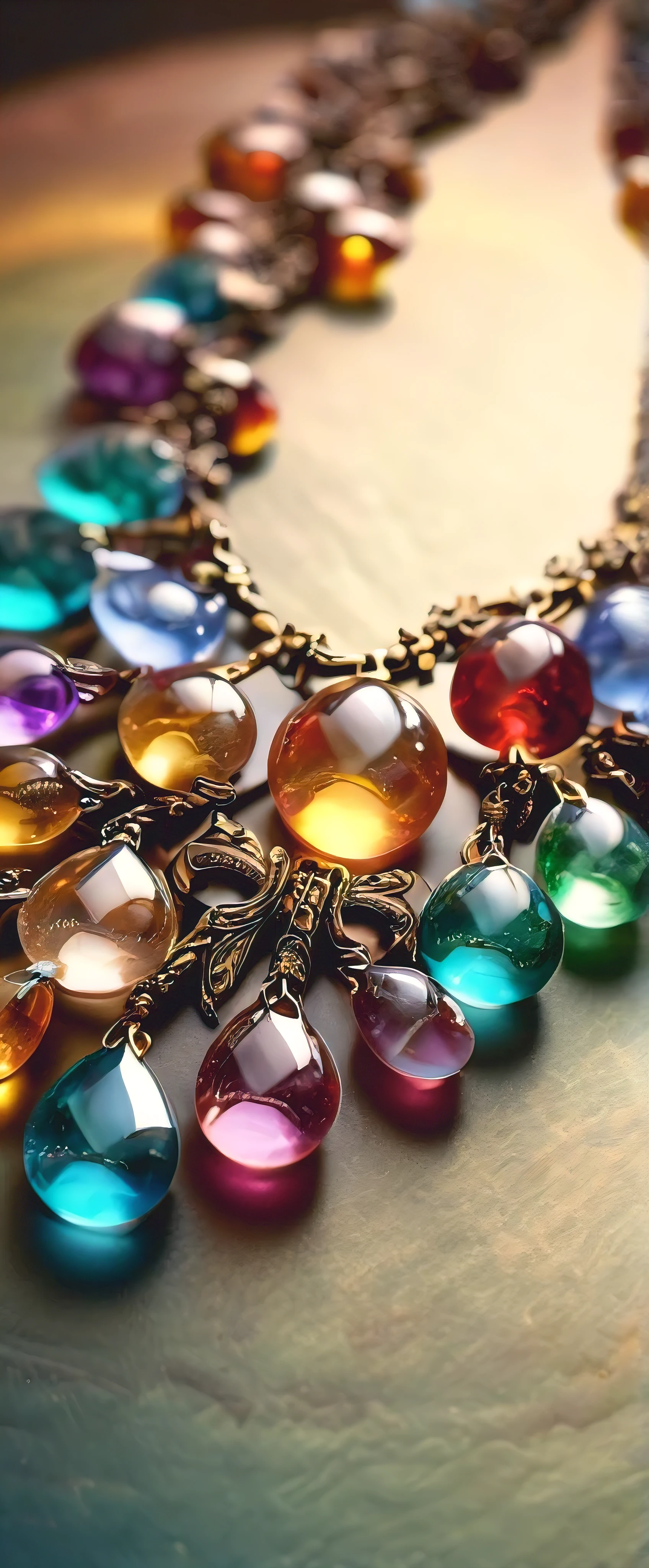 macro photo, Shiny Magic Fantasy Magic Necklace, Made of transparent multicolored glass gemstones, Light shines through magical artifacts, Very detailed, Great quality, complicated, Cinematic Light, Very detailedな, beautiful, Surreal, dramatic, Warm colors and dreamy art style