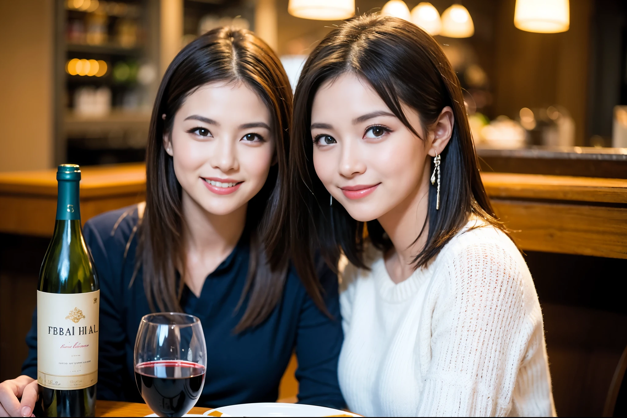 ((highest quality、8k、masterpiece:1.3))、1 male、1 female、石原さとみ似Couple、Spouse、Couple、The body is slim、((Bob Hale、Straight hair:1.2)), (Realistic, Intricate details:1.2), テーブルの上のwine glass、Shine light on your face、 Amazing view of the sunset sky and clouds、Amazing mountain views、A bright smile、The wonderfulness of smile、Bright image、The beauty of wine, Beautiful Face, blue eyes, The light shines on your face, Blushing, short hair,Bright Face、 (Age 37), 39 years old, red wine 、Appetizers、Italian food、Wine bottle、Champagne、sparkling wine、Two beauties、Brown Hair、Shortcuts、Long sleeve shirt、dress、Pretty Woman 1, (slimな顔), (The body is slim), (Brown Hair), (Shortcuts), cheeks turn a little red,Attractive beauty、restaurant, In a prominent place (From the waist up) Nova Frog Style, actress, model, Upper Body, White wine, slim, wine glass, 中央に置かれたwine glass, smile, (smile: 1.15), Beautiful fine grain, Depth f/2,saturation, High Contrast, Strong light and shadow,Moist Body:1.5、3D texture、Delicate eyes、Brown Hair、The hair is very shiny、