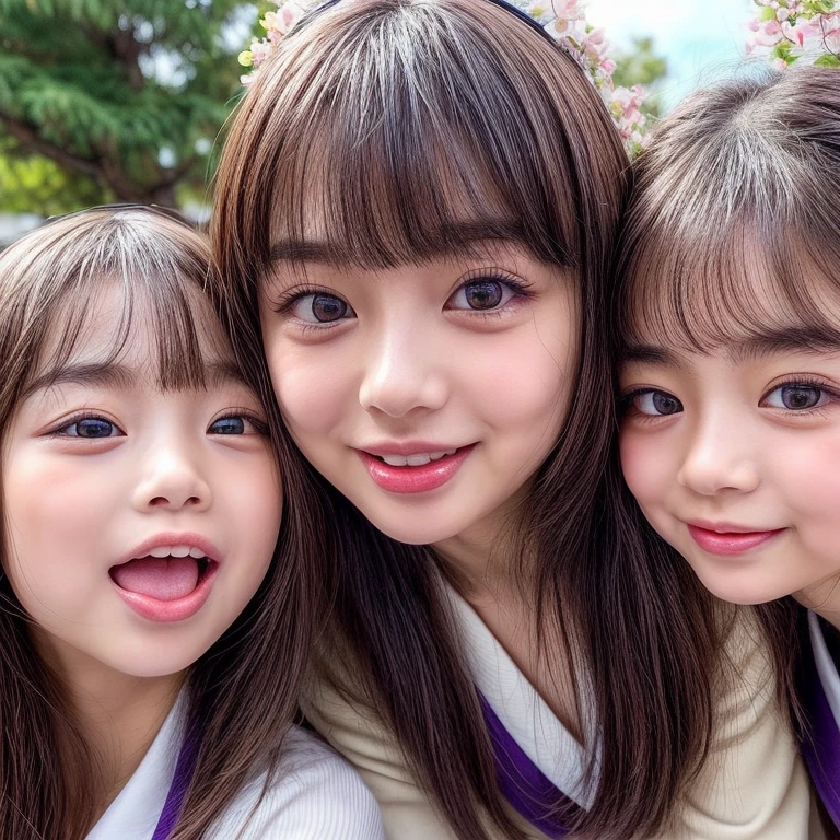 Best_Quality, (masterpiece:1.2) of Hi-Res photo, (realistic and photorealistic with touch of rawness:1.37), (Panoramic) (group photo:1.6), (((SchoolGirls))) (Surrounding the camera), (Filled with many Faces), (NOGIZAKA face variations:1.4), { (Looking down at the camera) | (Kissing face to face) }, (((close:1.4, Face closeup from below:1.4))), (((Sky background) with CherryBlossoms)) . BREAK Extremely Detailed KAWAII face variations, captivating gaze, elaborate detailed Eyes with (sparkling highlights:1.2), long eyelashes、Glossy RED Lips with beautiful details, Coquettish tongue, Rosy cheeks, Glistening ivory skin . { (Dynamic joyful expressions) | (:D) | (Kissing) | Tongue out | baby hair | Updos | OKAPPA }, Childish .