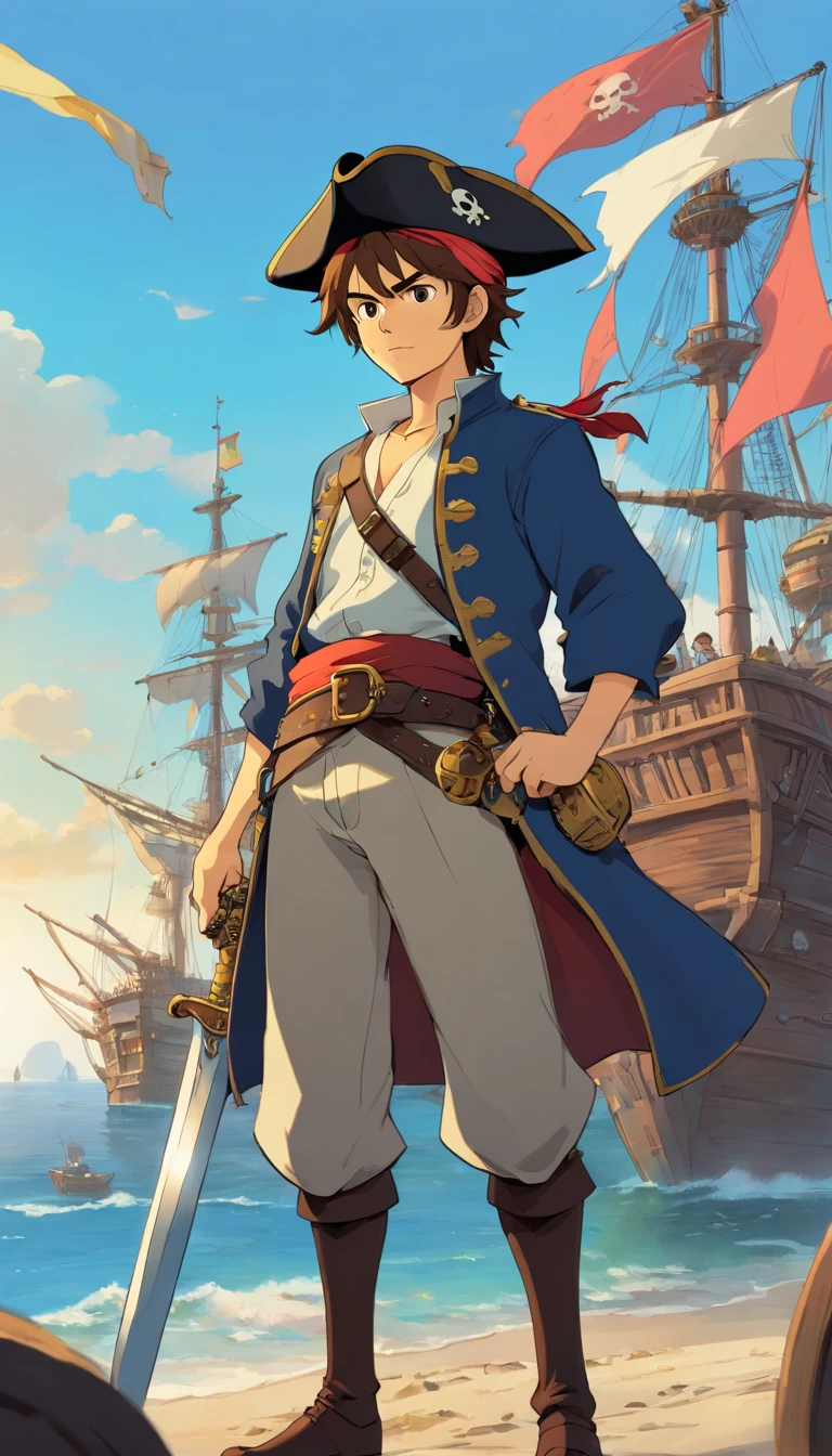 "A man, dressed in pirate-era costumes, brown hair and a sword at his waist, is portrayed as a bounty hunter in a cinematic style. He is standing, wearing a pirate hat and typical corsair clothes, displaying a determined and adventurous expression. The sunlight falls on him, highlighting the details of his clothing and the shape of his figure. The scenario is of a busy pirate port, with ships in the background and flags flickering, creating an atmosphere of action and intrigue."