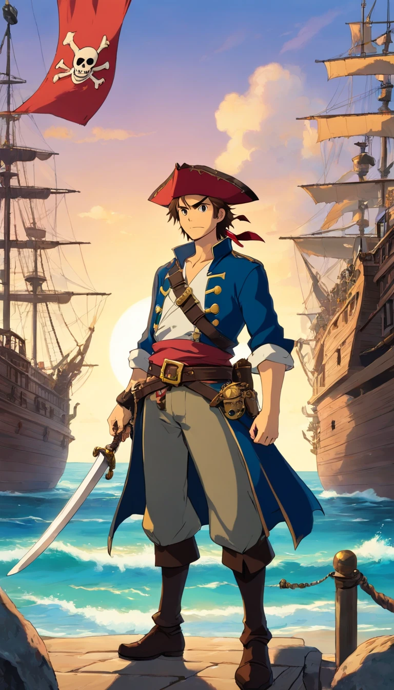"A man, dressed in pirate-era costumes, brown hair and a sword at his waist, is portrayed as a bounty hunter in a cinematic style. He is standing, wearing a pirate hat and typical corsair clothes, displaying a determined and adventurous expression. The sunlight falls on him, highlighting the details of his clothing and the shape of his figure. The scenario is of a busy pirate port, with ships in the background and flags flickering, creating an atmosphere of action and intrigue."