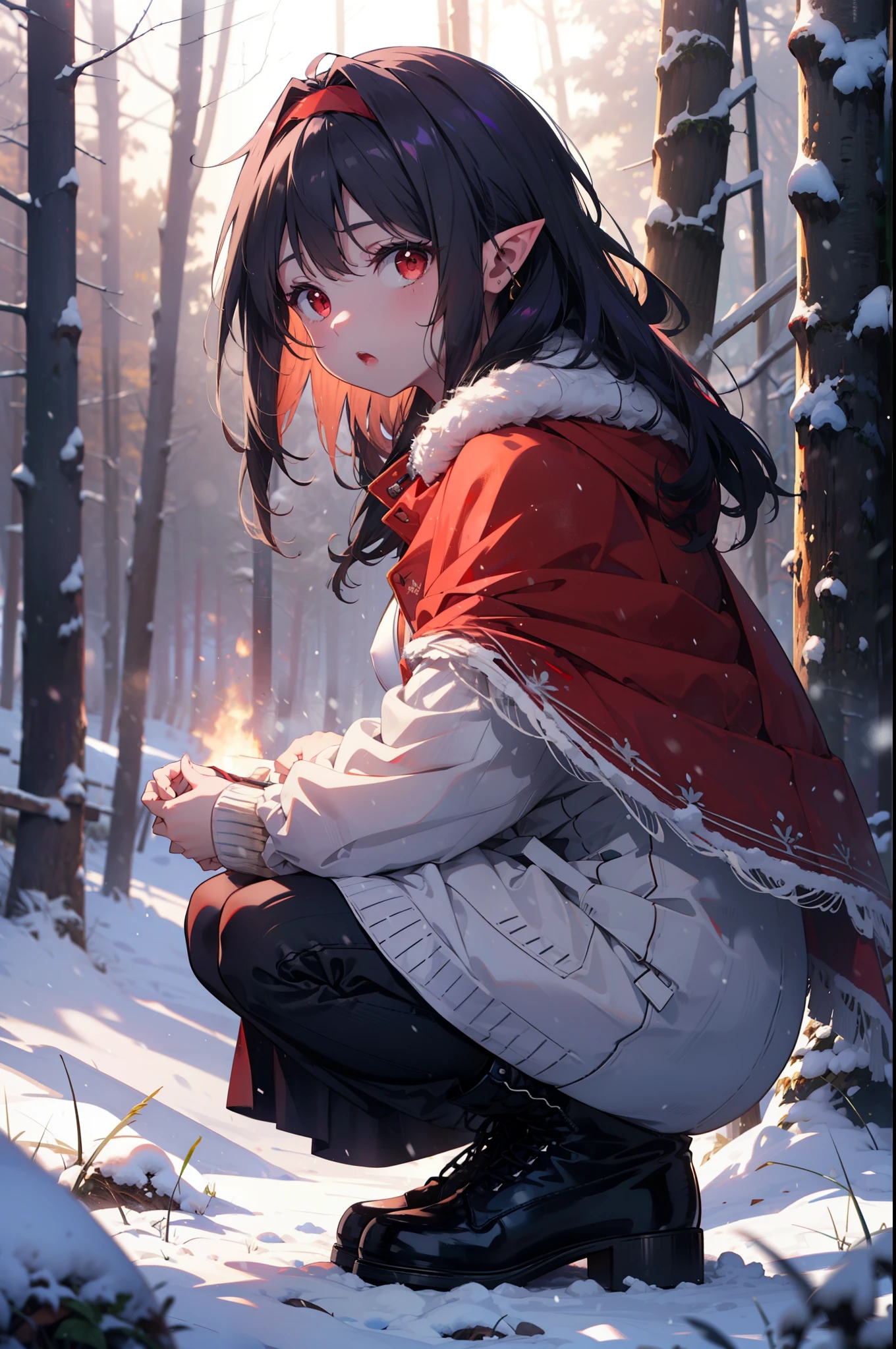 yuukikonno, Yuki Konno, hair band, Long Hair, Pointy Ears, Purple Hair, (Red eyes:1.5), (Small breasts:1.2), Open your mouth,snow, Bonfire, Outdoor, boots, snowing, From the side, wood, suitcase, Cape, Blurred, forest, nature, Brown eyes, , Squat, Mouth closed, ,Cape, winter, Written boundary depth, Black shoes, red Cape
break looking at viewer, Upper Body, whole body,
break Outdoor, forest, nature,
break (masterpiece:1.2), highest quality, High resolution, unity 8k wallpaper, (shape:0.8), (Fine and beautiful eyes:1.6), Highly detailed face, Perfect lighting, Highly detailed CG, (Perfect hands, Perfect Anatomy),