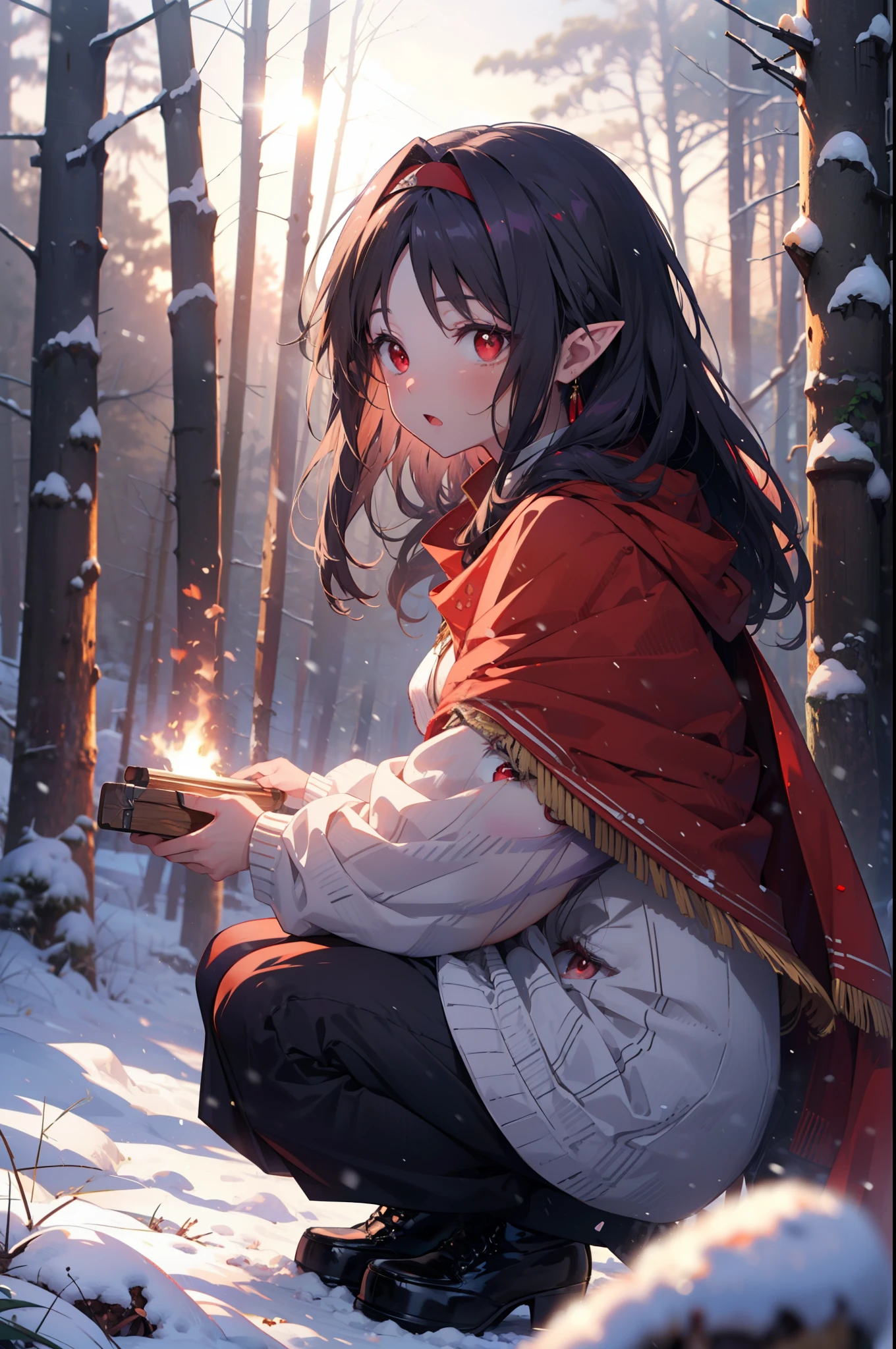 yuukikonno, Yuki Konno, hair band, Long Hair, Pointy Ears, Purple Hair, (Red eyes:1.5), (Small breasts:1.2), Open your mouth,snow, Bonfire, Outdoor, boots, snowing, From the side, wood, suitcase, Cape, Blurred, forest, nature, Brown eyes, , Squat, Mouth closed, ,Cape, winter, Written boundary depth, Black shoes, red Cape
break looking at viewer, Upper Body, whole body,
break Outdoor, forest, nature,
break (masterpiece:1.2), highest quality, High resolution, unity 8k wallpaper, (shape:0.8), (Fine and beautiful eyes:1.6), Highly detailed face, Perfect lighting, Highly detailed CG, (Perfect hands, Perfect Anatomy),