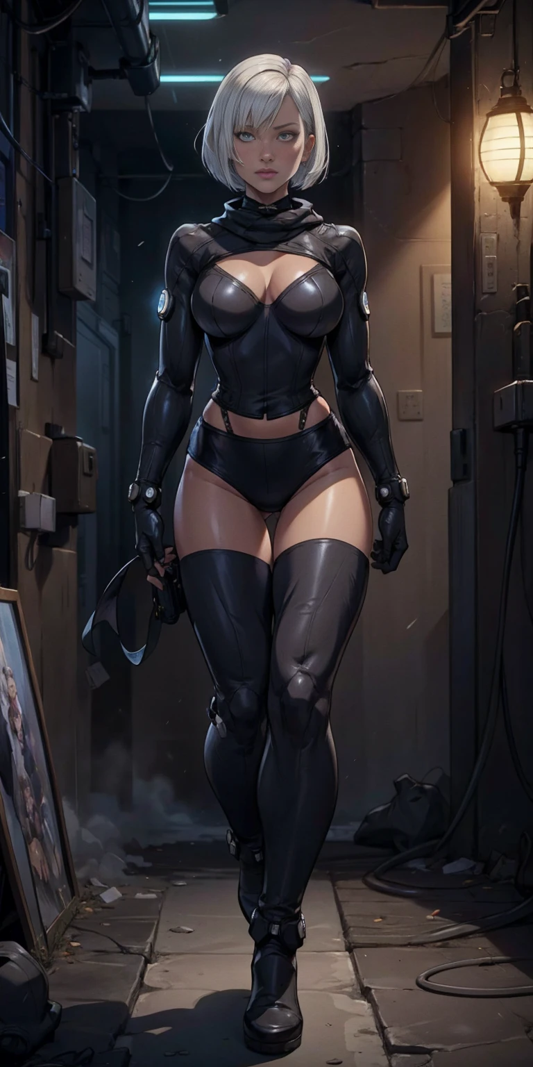 female adventurer white silver short bob hair cut, full body, game art style, (masterpiece), colorful clothing, scarves, leather belts, half skirt over pants and boots, flowing blouse and leather corset, best quality, highres, 4k, 8k, Detailed Illustration, intricate detail, cinematic lighting, amazing quality, 1girl, fit female, amazing shading, soft lighting, facing camera, perfect eyes, gantz suit armor torn apart