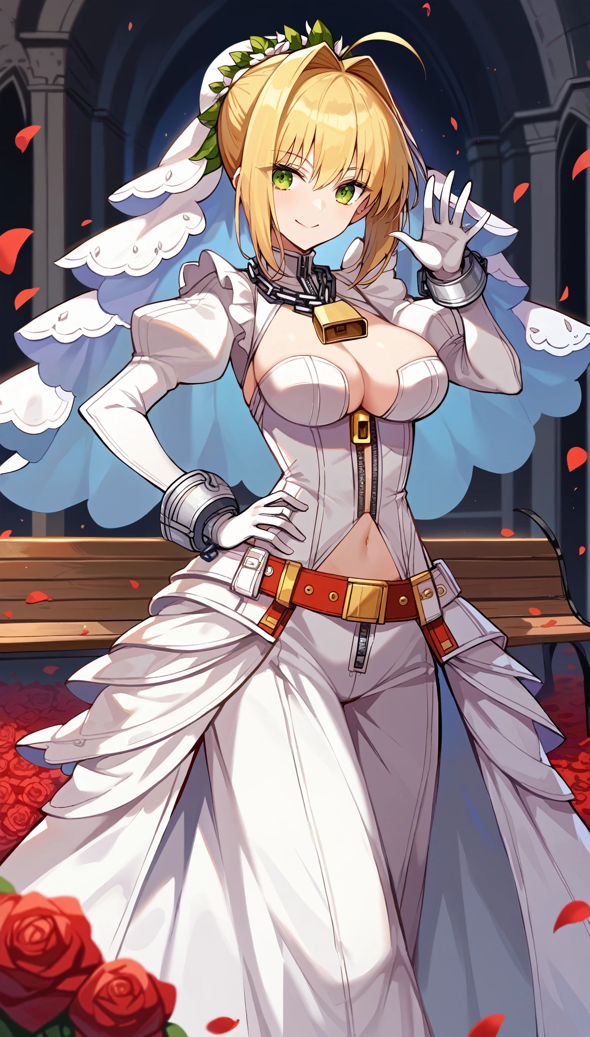 score_9, score_8_up, score_7_up, score_6_up, source anime,nero claudius \(bride\) \(fate\), nero claudius \(bride\) \(second ascension\) \(fate\), 1girl,masterpiece, best quality, highres, aanero, ahoge, veil, green eyes, chain, padlock, (white bodysuit:1.2), zipper, white gloves, belt, frills, white dress,center opening,unzipped,cleavage,navel, hand on hip , standing, waving, bench, smile, petals, rose petals,