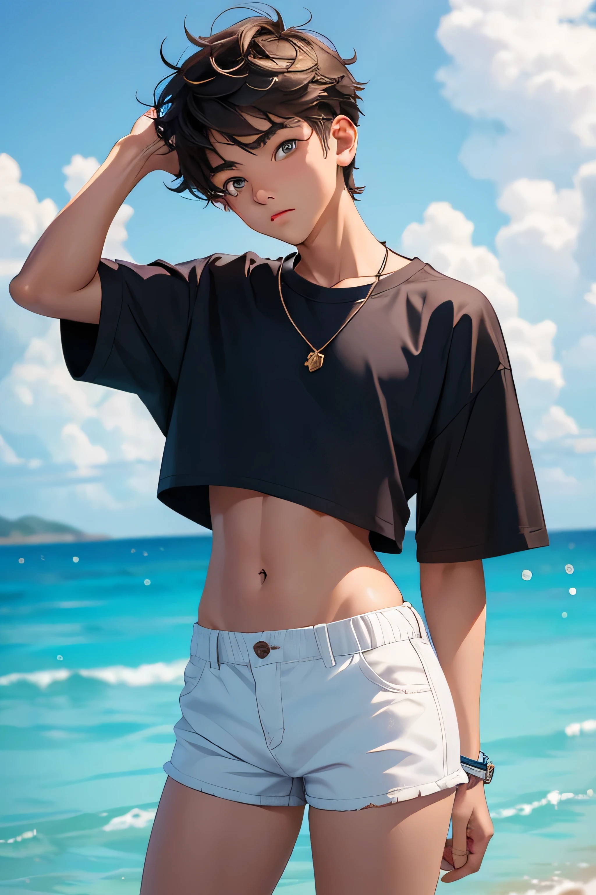 teenage boy 16 years old, the boy is a handsome cute model, a teenage boy is dressed in a cropped shirt and too much short mini shorts, the shorts are too much short and sporty, the boy's legs are beautiful, the boy is posing flirtatiously, hot summer outfit , top quality