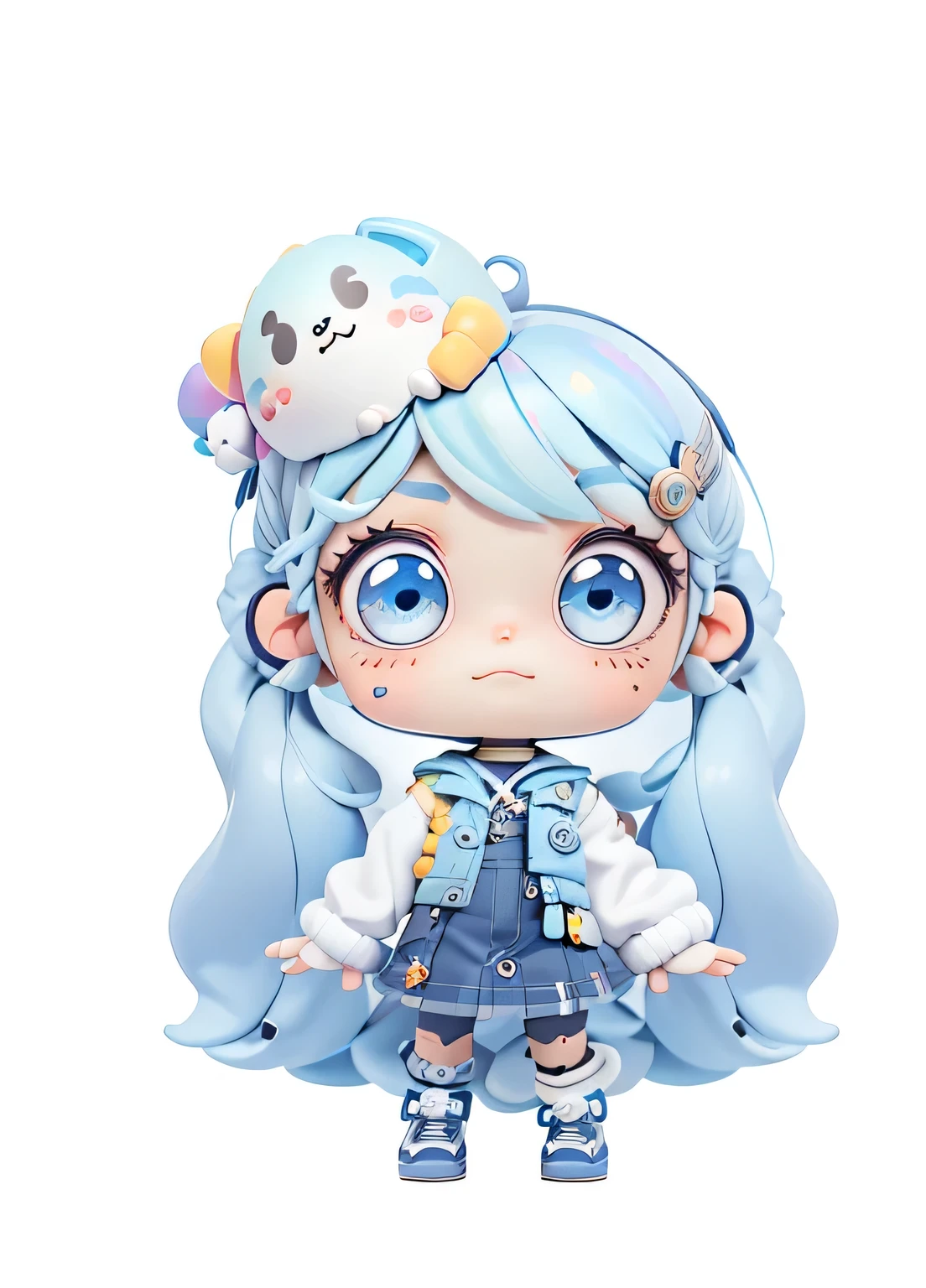 Blind box style girl IP,whole body,Cute chibi girl,Light blue curly long hair,There is a rainbow cloud above her head,3D Pixar,Happy face,clay,She is wearing a suit,A plaid shirt on top and a navy skirt with stars on the bottom。She has rainbow eyes.,She also wore knee-high socks with stripes on the bottom and dark blue shoes.,chibi style,Octane Rendering,close up,Highly detailed