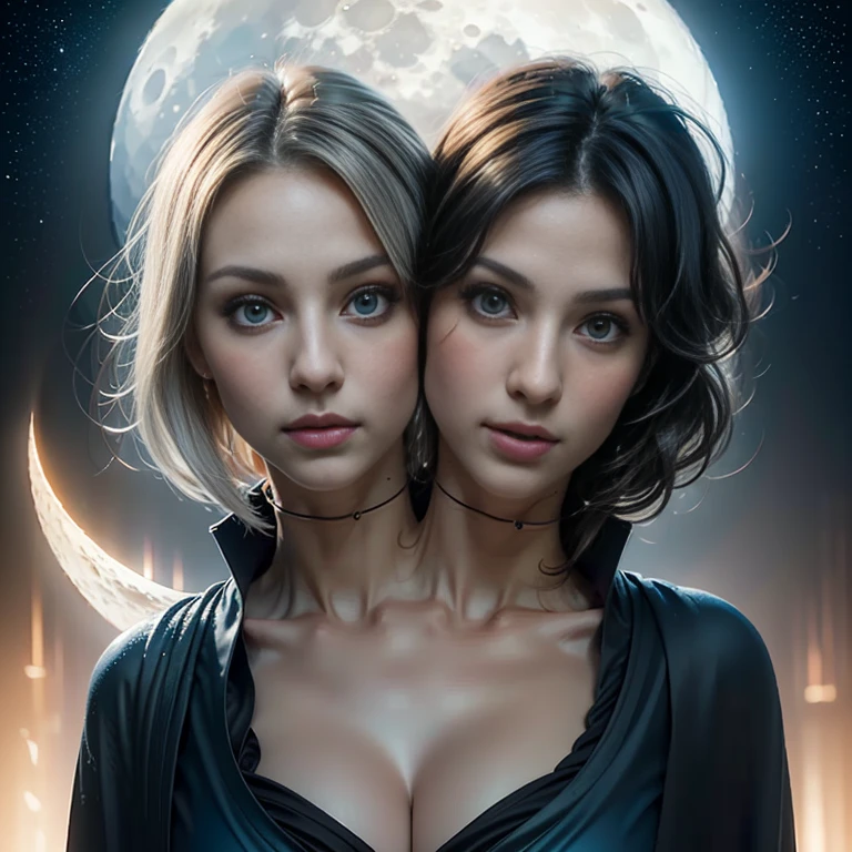 Masterpiece, (Best Quality: 1.2), (Super Fine: 1.2), Illustration, (Extremely Delicate and Beautiful: 1.2), Film Angle, Floating, (Beautiful Detail Eye: 1.1), (Detail Light: 1.1), Film Lights, Delicate Sky, Woman, White Hair, Blue Eyes, (High Ponytail: 1.1), Cloak, Glowing Eyes, (Moon: 1.2), (Moonlight: 1.1), Starry Sky, (Light Particles: 1.1), Fog , snow painting, sketching, blooming, (two heads)