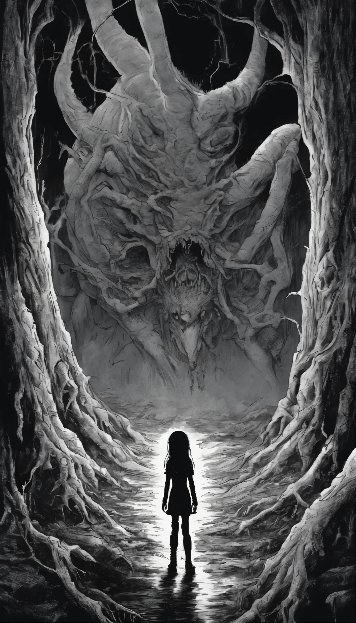 a cartoon picture of a girl standing in front of a giant monster, tim burton comic book art, from alice in wonderland, by Ryan Stegman, by Jason Teraoka, skottie young, giant alice in wonderland, by Jack Boul, alice goes down the rabbit hole, by Craig Thompson, in style of tim burton, inspired by William Stout