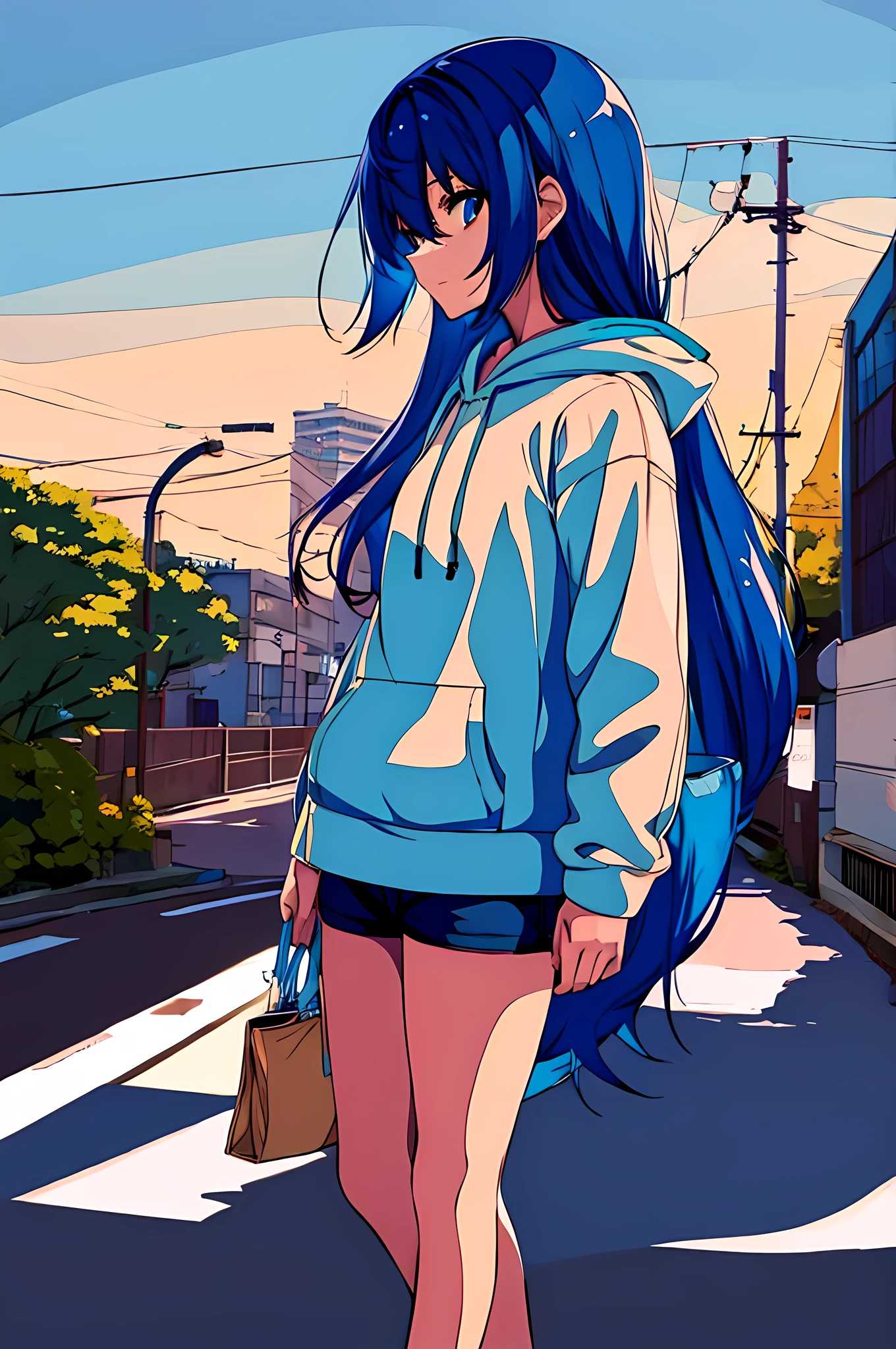 Beautiful adult anime girl, blue hair, hoodie and shorts walking on the street 