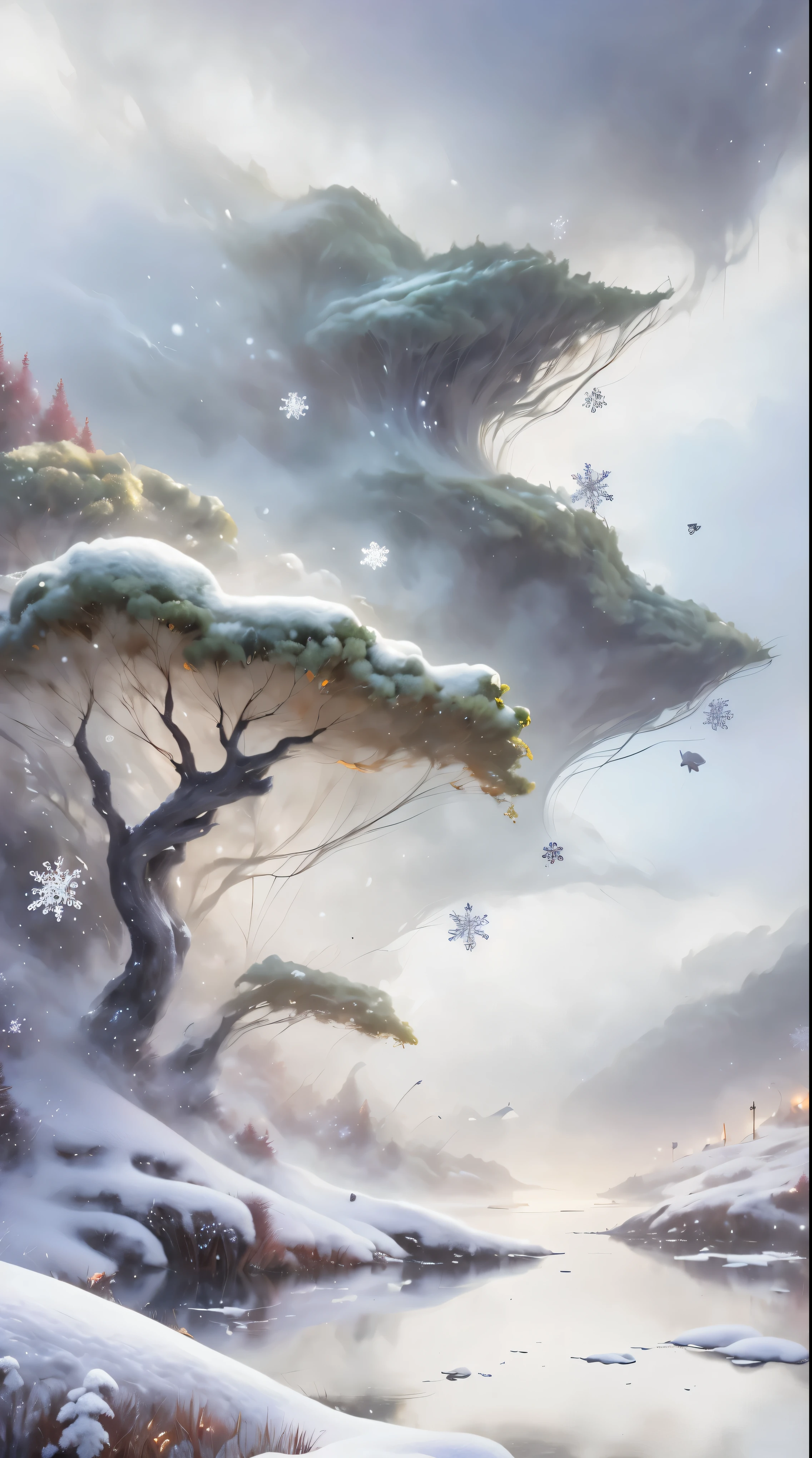 Princess的脸出现在空中，winter landscape，Surreal wonderland，Dreamy clouds and fairy islands，(Big Snowflake:1.3)，五颜六色的Big Snowflake飞舞着，Princess&#39;The palace is covered with snow，The tree of life blooms with infinite vitality，Twinkling stars in the night sky，Thick clouds and fog，Whimsical fantasy landscape art, Fine Art Ultra HD 8K, 8K Fine Art Digital Art, Beautiful and detailed fantasy, Epic fantasy landscapes, Mysterious dreamy scenery, Magical fantasy with rich details, Magical scenery, 由Big Snowflake和梦幻漂浮的仙女岛组成, Detailed fantasy digital art, 8K Fine Art Digital Art