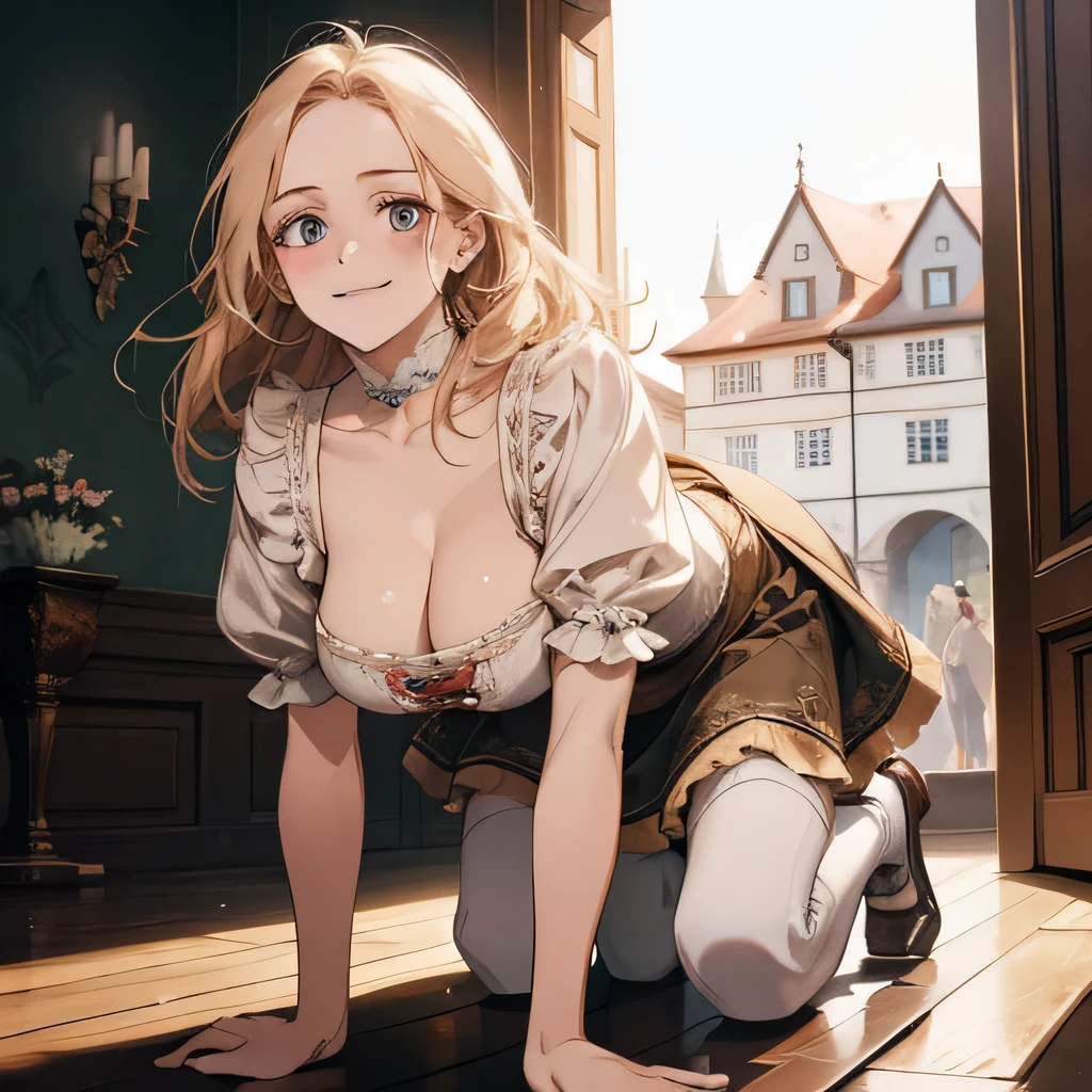(Best image quality),masterpiece,8k wallpaper,One Woman,22 years old,Europe,((German folk costume)),(Blonde,Golden eyebrows),((Large Breasts)),Cleavage,((Brown Skin:1.4)),.On all fours,Looking up at the audience,Captivating smile,Pink Cheeks,The background is a German village,Natural soft light,frontage,70 degree angle of view