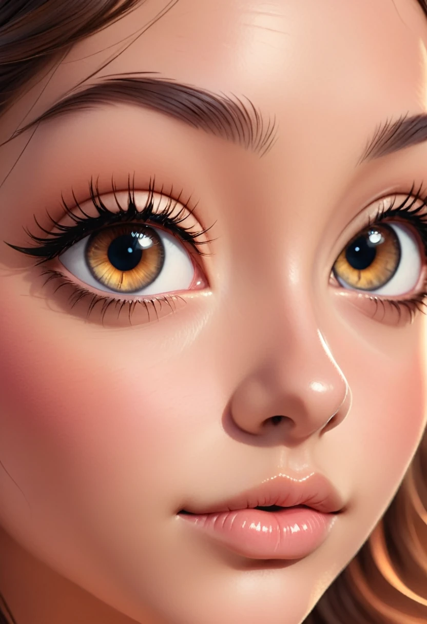 a detailed close-up portrait of a beautiful young woman, perfect skin, big beautiful eyes, long lashes, delicate nose, full lips, soft facial features, natural lighting, high resolution, 8k, hyper detailed, photorealistic, cinematic, dramatic lighting, warm color tones, glowing skin