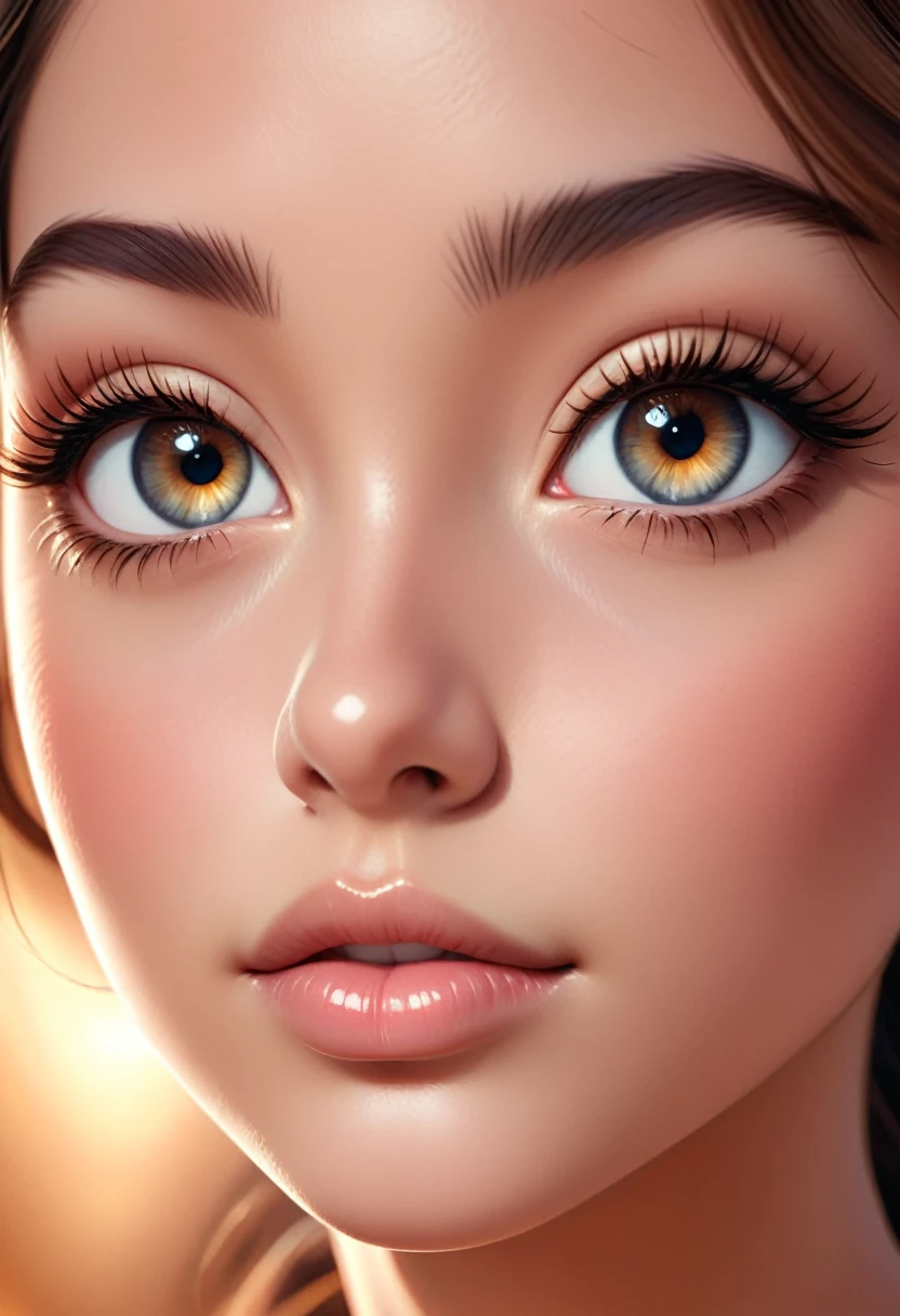 a detailed close-up portrait of a beautiful young woman, perfect skin, big beautiful eyes, long lashes, delicate nose, full lips, soft facial features, natural lighting, high resolution, 8k, hyper detailed, photorealistic, cinematic, dramatic lighting, warm color tones, glowing skin