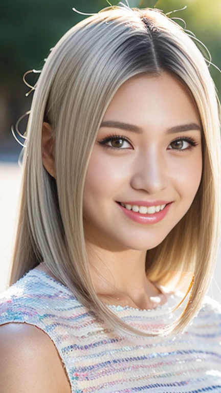 Japanese Girls、abroad、((highest quality,masterpiece,超A high resolution)),(Realistic:1.4),1 girl,Head to Knee,Dynamic posture,Adult face,slim,thin、(smile),(Shiny skin),(overview,frontage,Twilight),Gray Hair,Long white hair,Rainbow Eyes,Large Breasts,Top Fashion,mini skirt),(Clear Eyes),(Beautiful nose),(Transparent lips),(Fair skin),(Ultra-realistic woven texture)