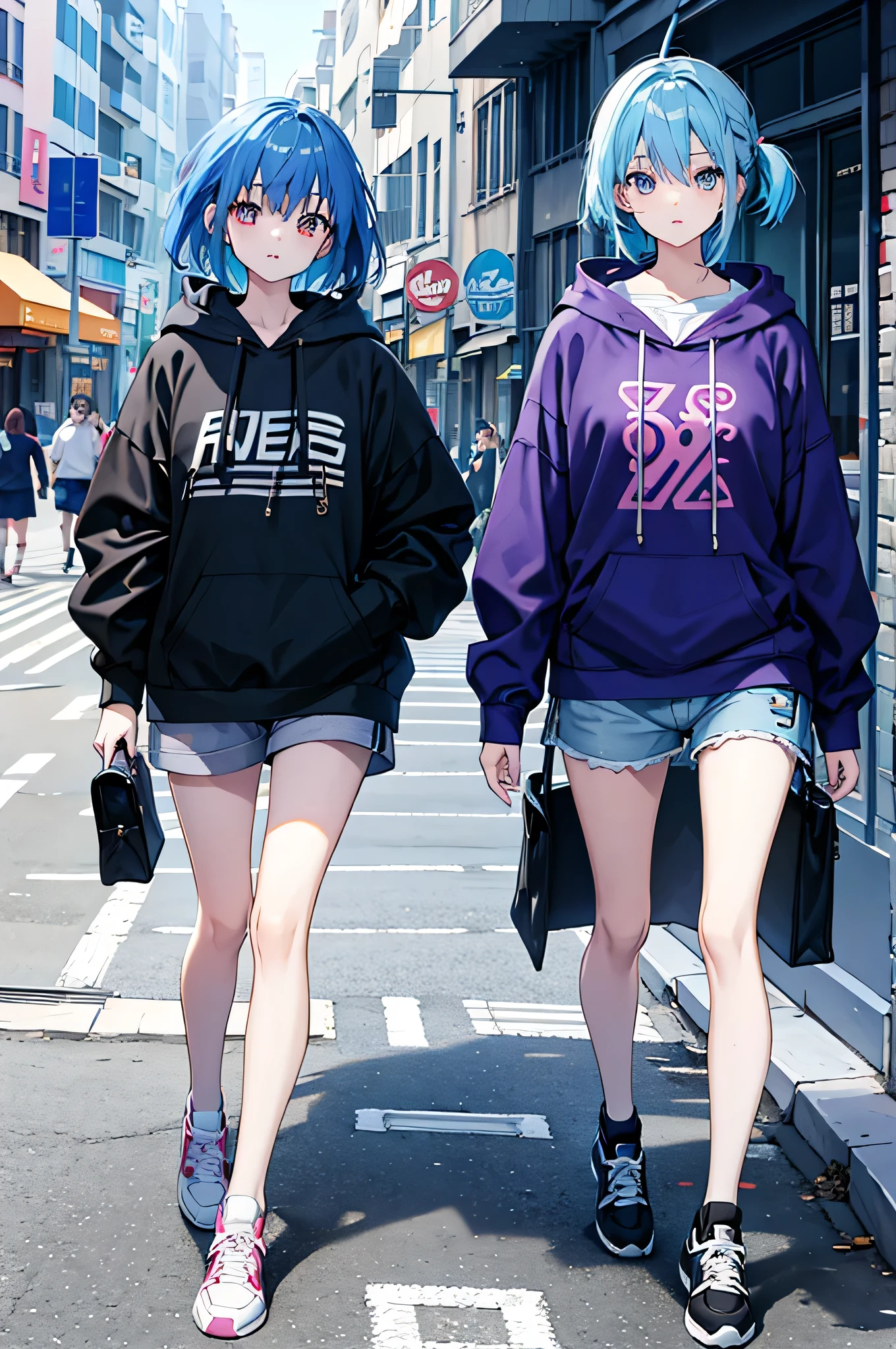 Beautiful adult anime girl, blue hair, hoodie and shorts walking on the street