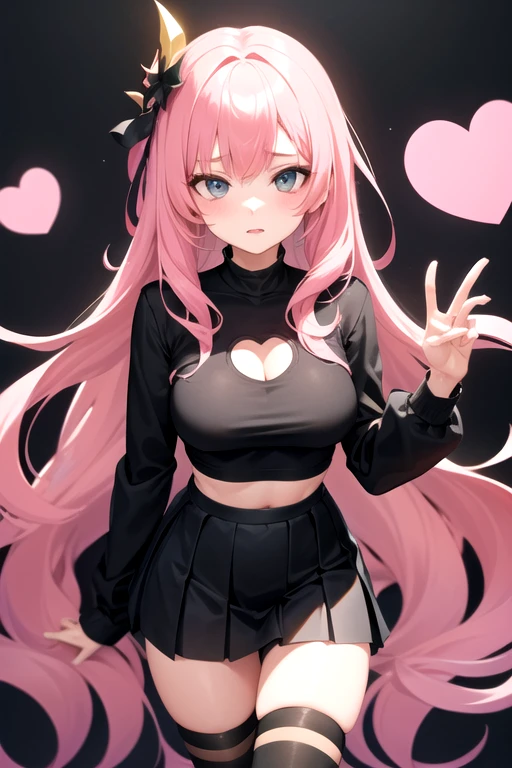 Girl with pink hair, wearing a black top with a sweetheart cutout in the middle. She wears a black pleated miniskirt with white stripes and black stockings.