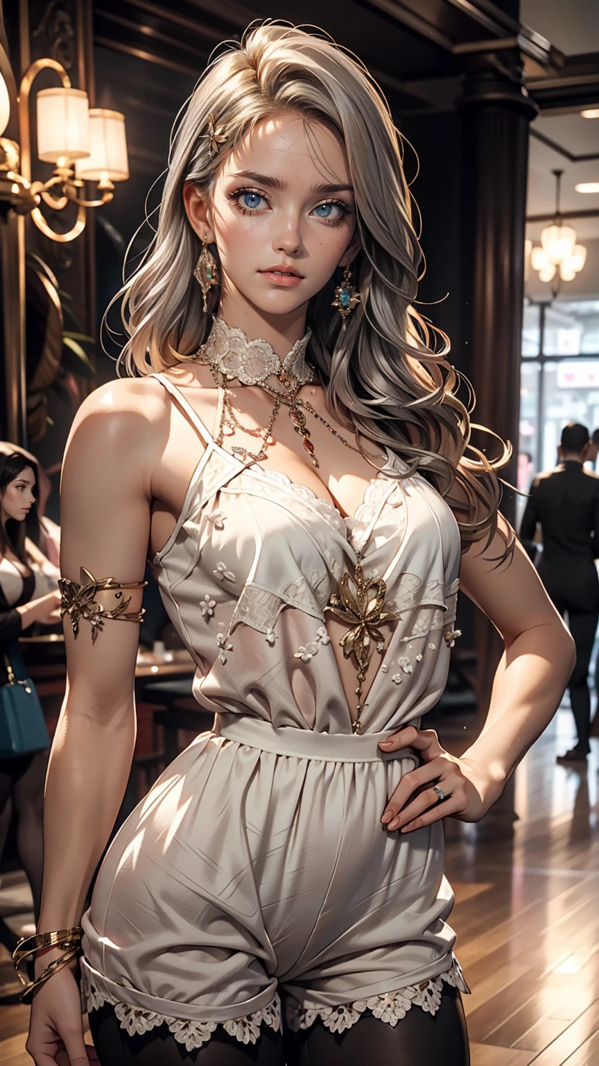 24-year-old female、Wear a sheer romper decorated with lace、Wear leggings、Navel visible、Breasts are visible through the skin、long hair、Hair becomes wavy、Silver Hair、Place your hands on your hips、sexy pose