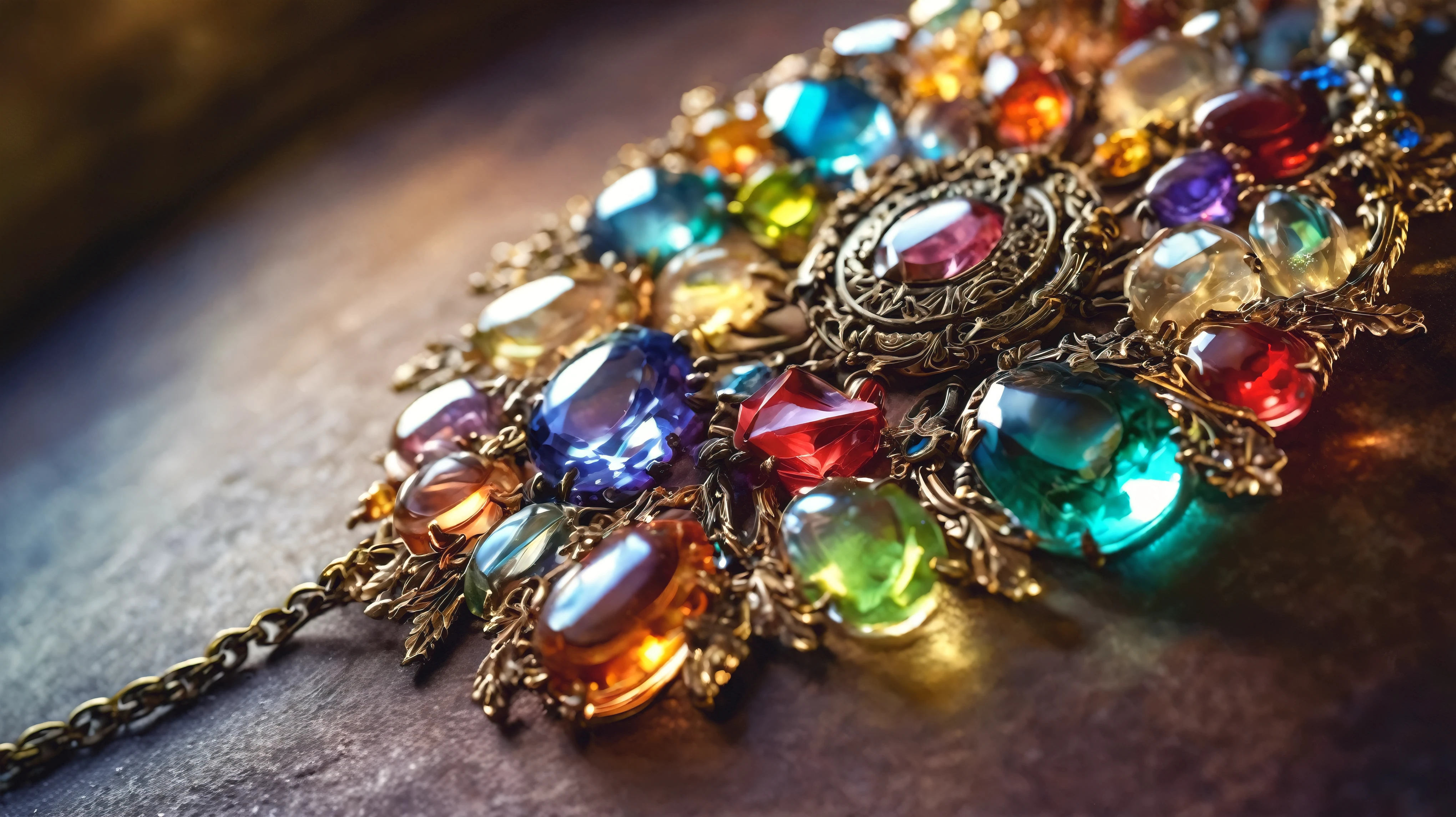 macro photo, Shiny Magic Fantasy Magic Necklace, Made of transparent multicolored glass gemstones, Light shines through magical artifacts, Very detailed, Great quality, complicated, Cinematic Light, Very detailedな, beautiful, Surreal, dramatic, Warm colors and dreamy art style