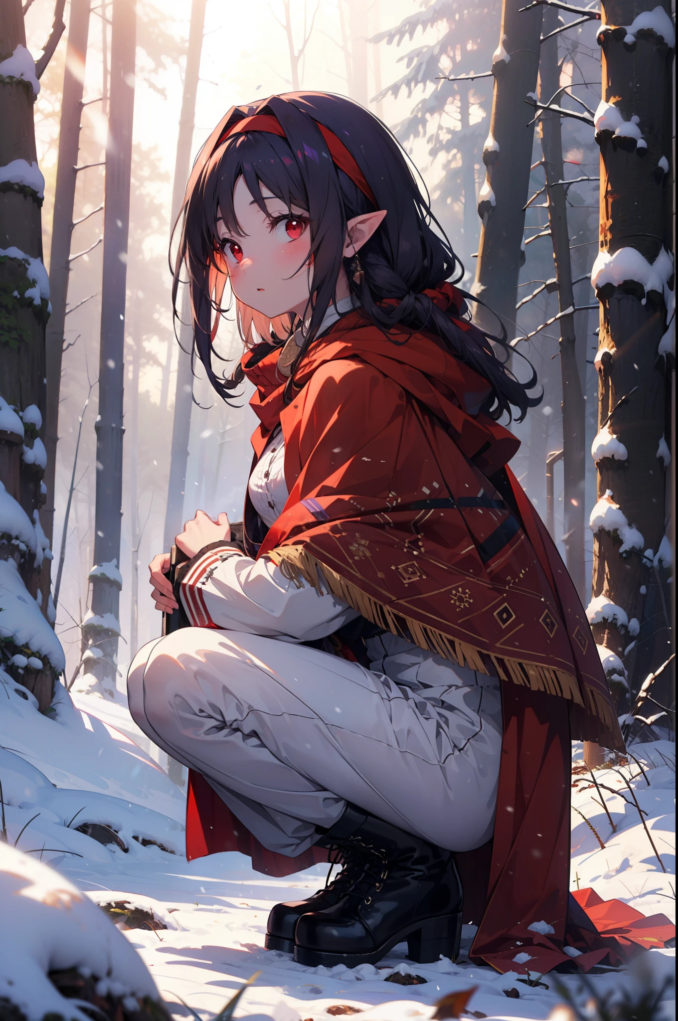 yuukikonno, Yuki Konno, hair band, Long Hair, Pointy Ears, Purple Hair, (Red eyes:1.5), (Small breasts:1.2),blush,White Breath, Open your mouth,snow, Bonfire, Outdoor, boots, snowing, From the side, wood, suitcase, Cape, Blurred, forest, nature, Brown eyes, , Squat, Mouth closed, ,Cape, winter, Written boundary depth, Black shoes, red Cape
break looking at viewer, Upper Body, whole body,
break Outdoor, forest, nature,
break (masterpiece:1.2), highest quality, High resolution, unity 8k wallpaper, (shape:0.8), (Fine and beautiful eyes:1.6), Highly detailed face, Perfect lighting, Highly detailed CG, (Perfect hands, Perfect Anatomy),