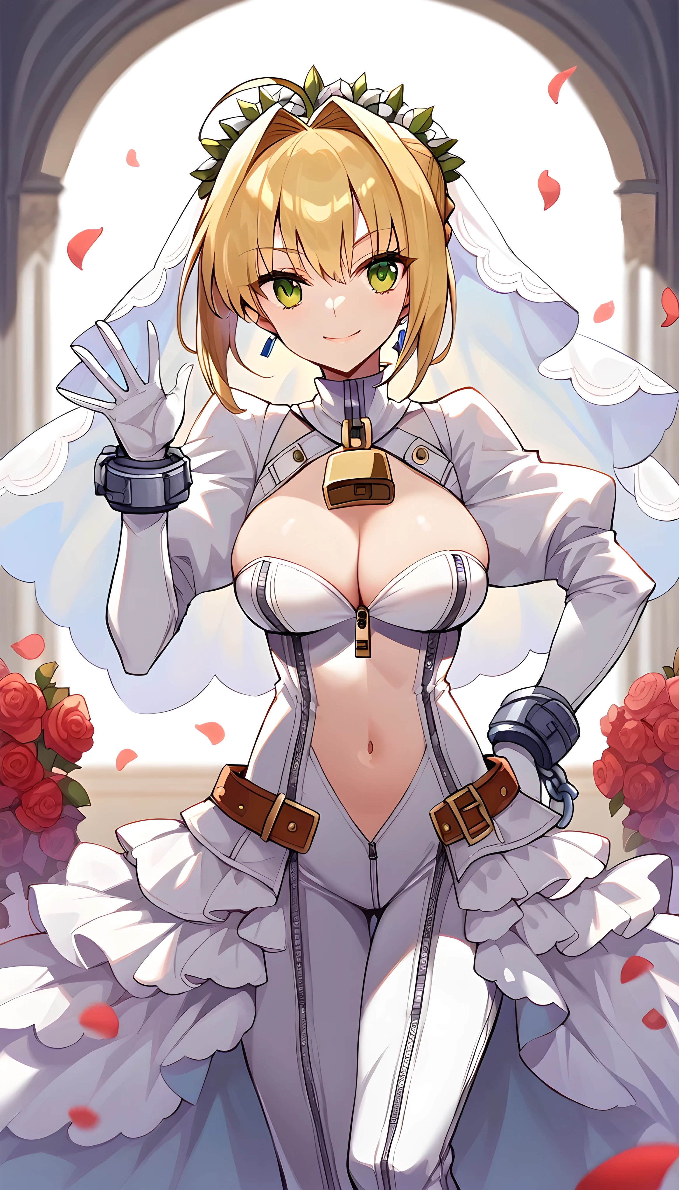score_9, score_8_up, score_7_up, score_6_up, source anime,nero claudius \(bride\) \(fate\), nero claudius \(bride\) \(second ascension\) \(fate\), 1girl,masterpiece, best quality, highres, aanero, ahoge, veil, green eyes, chain, padlock, (white bodysuit:1.2), zipper, white gloves, belt, frills, white dress,center opening,unzipped,cleavage,navel, hand on hip , standing, waving, bench, smile, petals, rose petals,