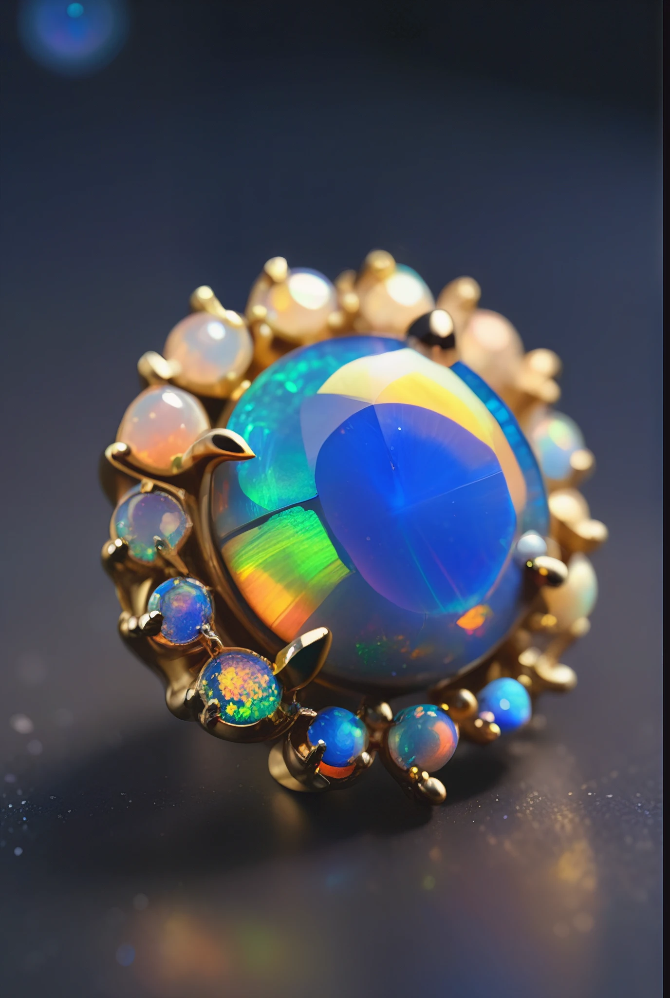 Fairy tale objects,  Black opal single earring, Brilliant, Gold-plated macro lens, Individuality, Exquisite, Twinkle, 3D Rendering, Unreal Engine . Magic, Fantasy, Fascinating, Picture book style, Very detailed