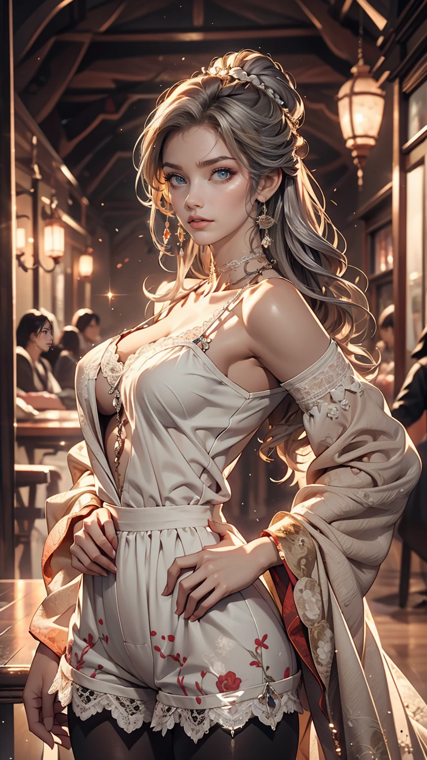 24-year-old female、Wear a sheer romper decorated with lace、Wear leggings、Navel visible、Breasts are visible through the skin、long hair、Hair becomes wavy、Silver Hair、Place your hands on your hips、sexy pose