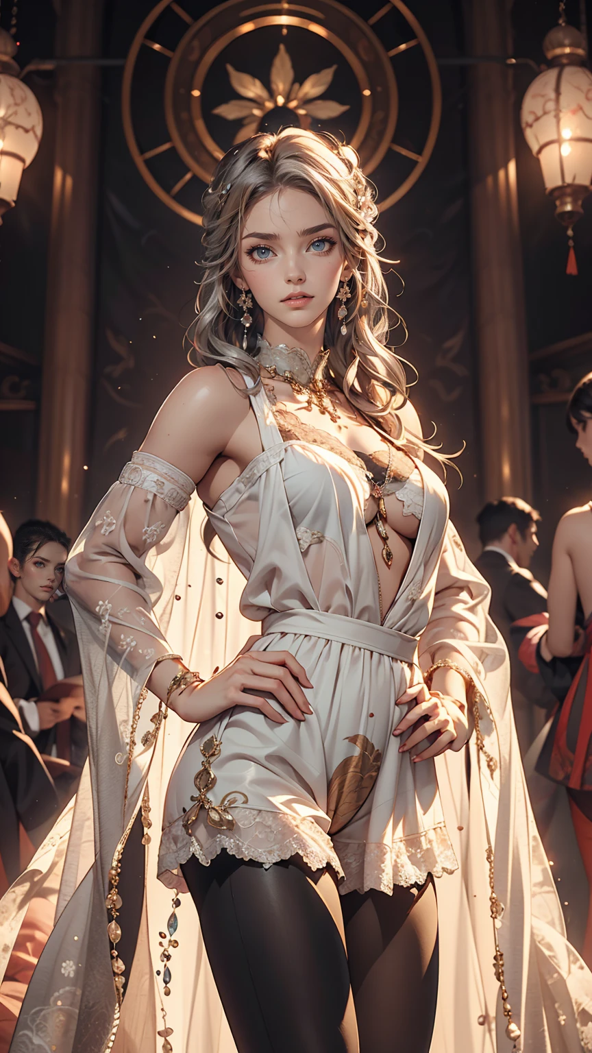 24-year-old female、Wear a sheer romper decorated with lace、Wear leggings、Navel visible、Breasts are visible through the skin、long hair、Hair becomes wavy、Silver Hair、Place your hands on your hips、sexy pose