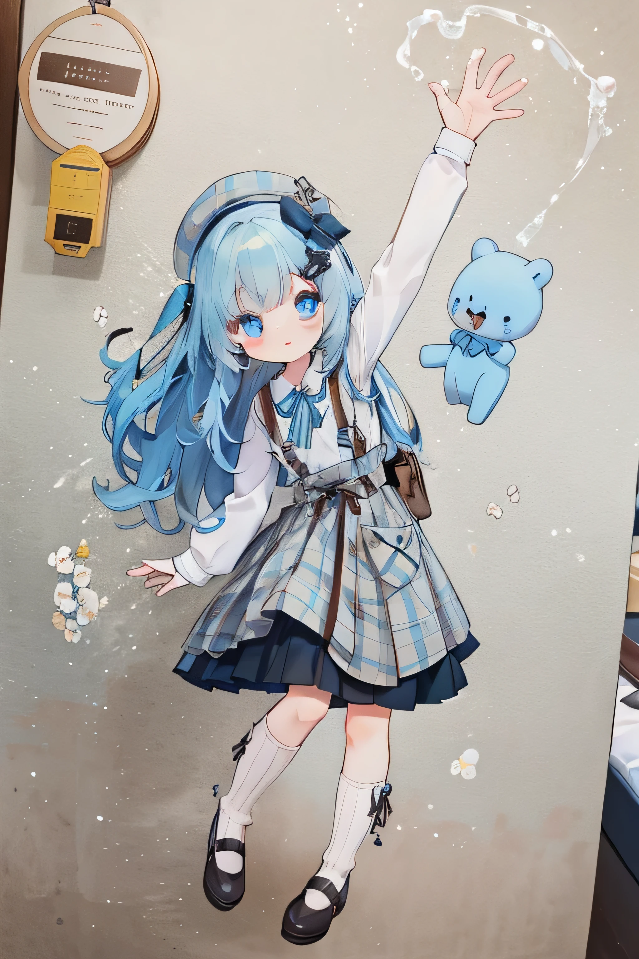 full body Esbian、Standing picture、lightblue hair、Brown beret、Plaid Suspender Skirt、Chocolate Mint、light blue  eyes、Light blue shirt、Brown Ribbon、cute little、​masterpiece、top-quality、Top image quality