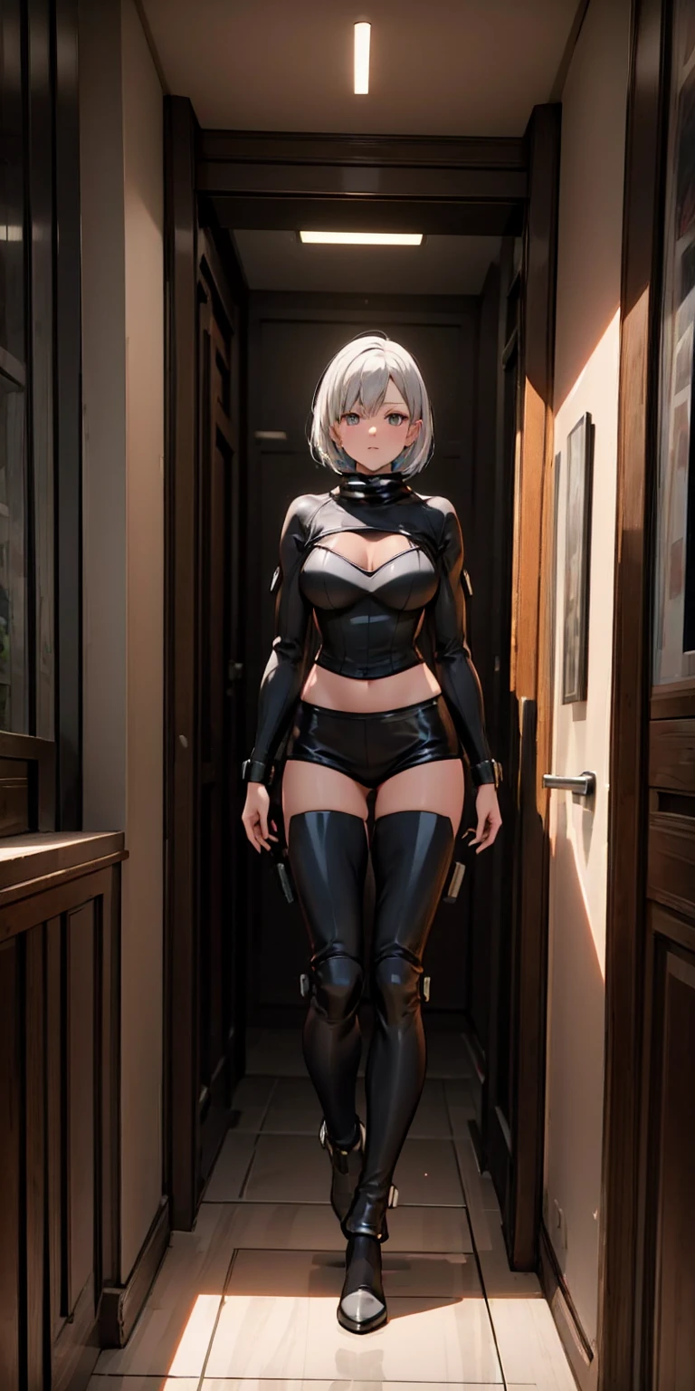 female adventurer white silver short bob hair cut, full body, game art style, (masterpiece), colorful clothing, scarves, leather belts, half skirt over pants and boots, flowing blouse and leather corset, best quality, highres, 4k, 8k, Detailed Illustration, intricate detail, cinematic lighting, amazing quality, 1girl, fit female, amazing shading, soft lighting, facing camera, perfect eyes, gantz suit armor torn apart