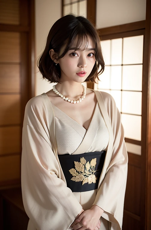1 rapariga,during night, brown_Eyes, brown_Hair, build, Kimono dress, pearls necklace, cparted lips, Shorthair, Looking_at_peeping at the viewer, inside in room, Japan architecture, solo, The tree, The upper part of the body_Body, Winters, Detailed_Eyes,, straddle, Chest camera, The large, Ears come out, face in golden proportions, The body of the golden ratio, best qualtiy,hyper HD,Thick bangs,Long_Wavy_Hair