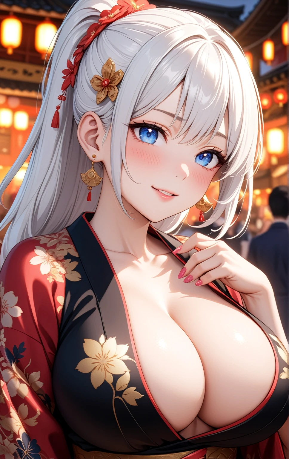 ((one personの女性)), Beautiful Face,Expressions of embarrassment and kindness,Laugh shyly,turn bright red,Glossy pink lips,night,Shrine festival,((Anime style background)),masterpiece, highest quality, so beautiful, up to date, Complex details, (Pink long nails),AI-generated, Complex,High resolution, highest quality, super high quality,3D Images、View your audience、3D Images,one person,Long white hair,High Ponytail,blue eyes,Anime woman posing for a photo, [[Fine grain、Colorful eyes、Shining Eyes:1.15]],(Squint your eyes:1.1),a hyperRealistic , hyperRealistic , Realistic,Long haired white haired anime woman, Smooth anime CG art, A woman in a colorful kimono with gold embroidery, (Black kimono),Red floral pattern,Long flower hair ornament,Big earrings,(Big Breasts:1.2),Mature Body,expensive,Big Ass,Fine details,Tight waist,Abdominal muscles,(Face close-up:1.5),