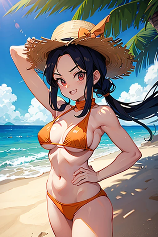 Videl from Dragon Ball in a topless bikini and a beach hat, standing on the edge of the beach making the victory sign with her right hand and her left hand on her waist, winking, boluptuous body