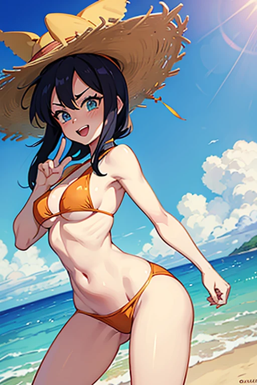 Highest quality、masterpiece、beautiful、detailed、Year: 12、Black hair twin-tailed female elementary school student、beach、Pouring sunlight、Dynamic pose、Spraying water with a water gun、Angle from below、smile、Slim figure、Soaking wet、erectile nipples、open vagina、pussy