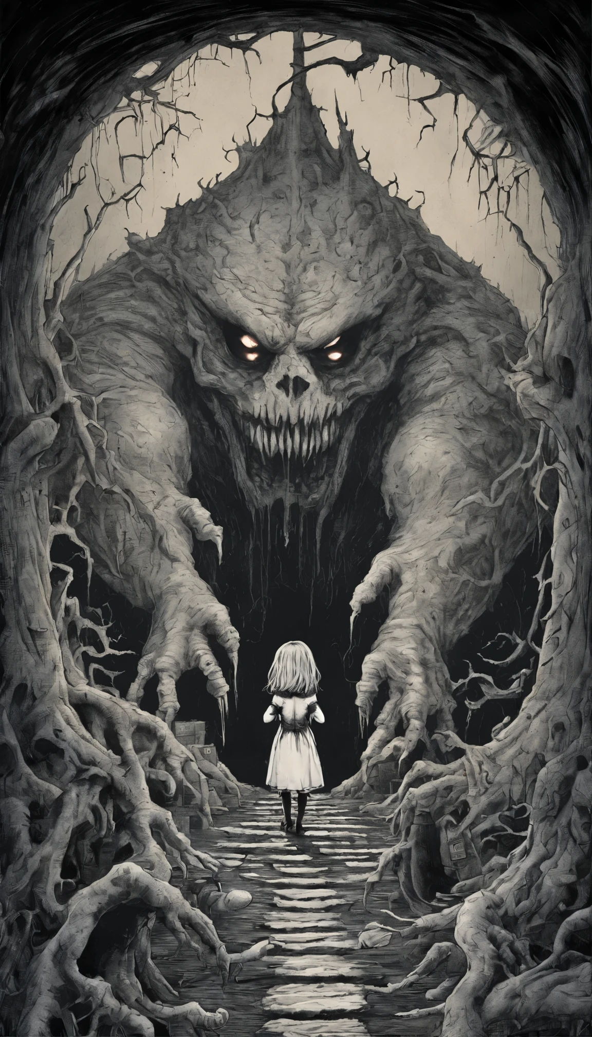 a cartoon picture of a girl standing in front of a giant monster, a storybook illustration by Ryan Stegman, tumblr, lowbrow, tim burton comic book art, from alice in wonderland, skottie young, giant alice in wonderland, alice goes down the rabbit hole, in style of tim burton, jamie mckelvie comic art, like alice in wonderland