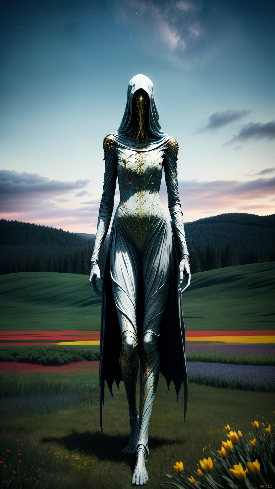 a tall skinny humanoid figure with an organic mask covering the face, no visible facial features, long arms and legs, standing in a field of multicolored flowers, looking up at the sky, (best quality,4k,8k,highres,masterpiece:1.2),ultra-detailed,(realistic,photorealistic,photo-realistic:1.37),highly detailed,extremely intricate,cinematic lighting,dramatic posing,fantastical,surreal,ethereal,mystical
