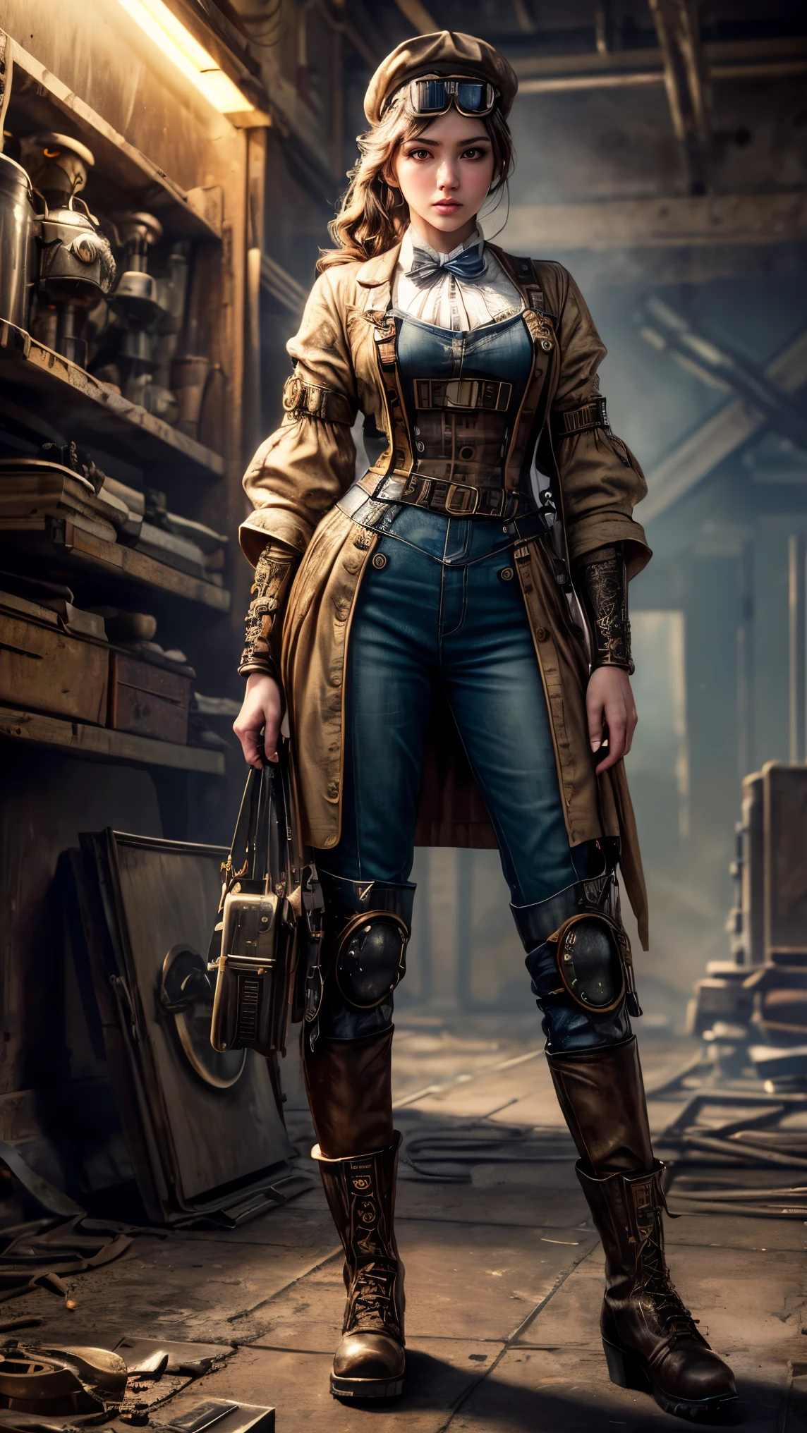 (Best quality, 4k, Masterpiece :1.3), 1girl, (steampunk), scenery, steampunk room engine, repairing engine, gears, cogs, steam, boots, overalls, goggles, dirty face, standing, machinery, oil on floor, dirty floor, character focus, (golden hour lighting), ray tracing, Super realistic photographic cinematic image 8K ULTRA HD HDR, magical photography, super detailed, (ultra detailed), (top quality, best quality, super high quality image, masterpiece), standard lens,  dramatic lighting, 8k, UHD, intricate detail, (gradients), comprehensive cinematic, colorful, visual key, highly detailed, extreme detailed, hyper-realistic, (very detailed background, detailed landscape), delicate details, raw image, dslr, 
