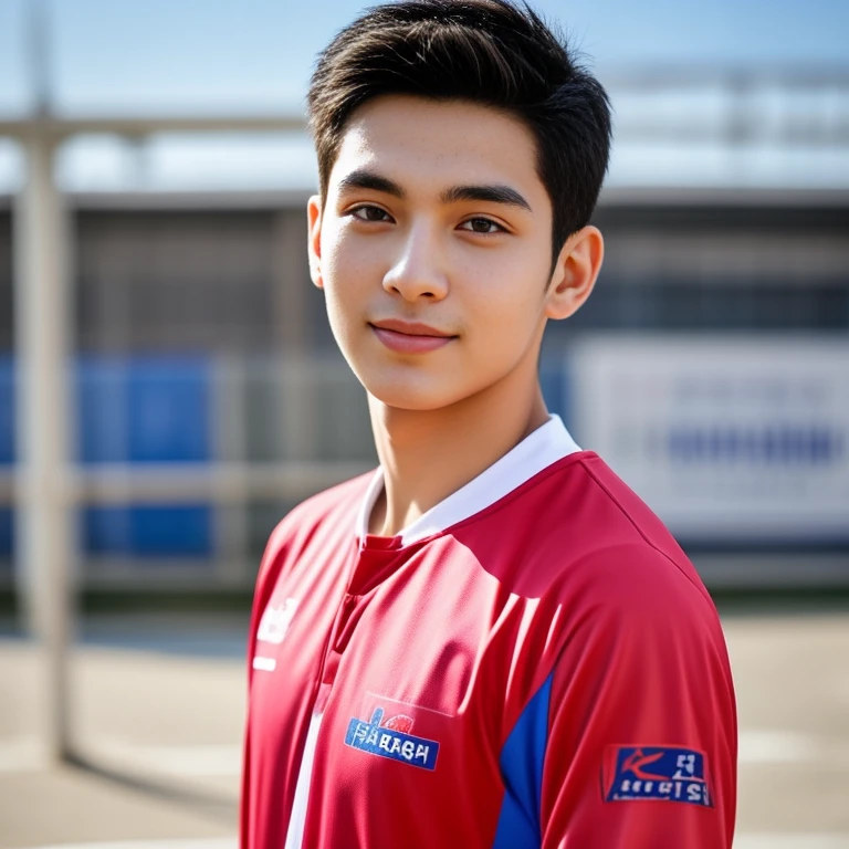 Young Asian man Arav in a blue and red volleyball uniform poses for a photo., Wearing an expensive silk volleyball shirt, Height 169cm, Height 170 cm, Wear a basketball shirt., Shin Min Jung, Cute sportswear, Seson Yoon, With a backdrop of natural light., , Heonhwa Cho