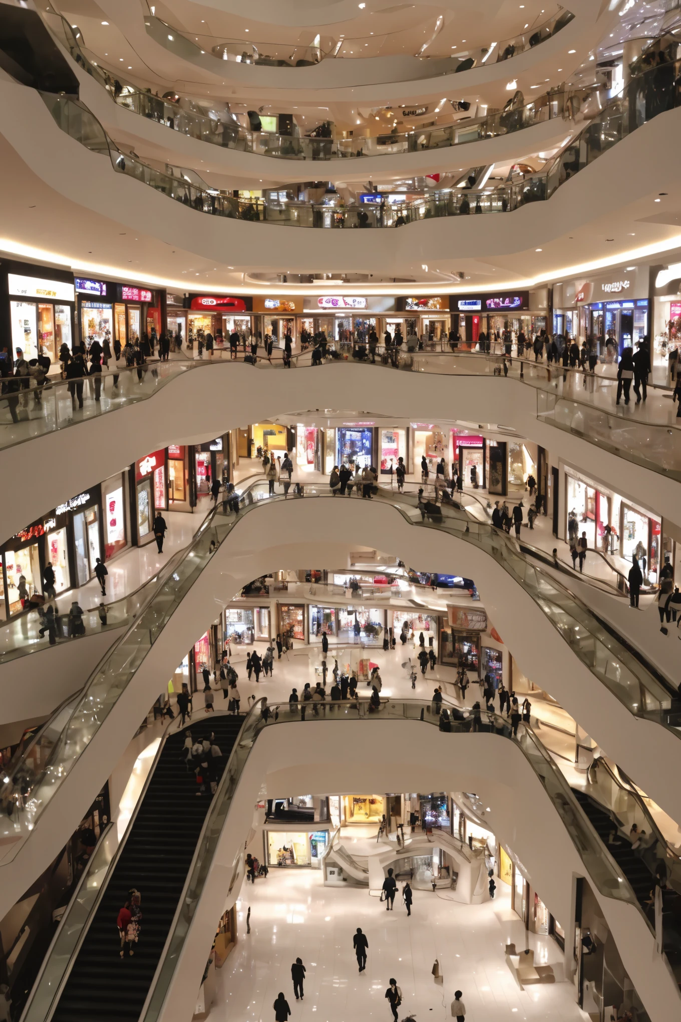 Shopping mall、Inside a women&#39;s clothing store, . The walls are painted white, No direct sunlight or sun exposure, Bright and desaturated colors, 、Lots of clothes、