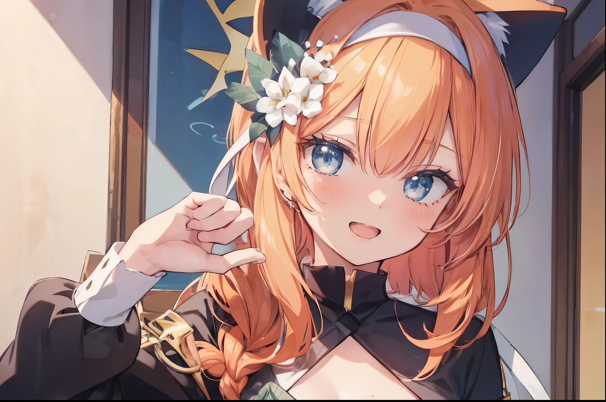 Marie、masterpiece、Best image quality、最high quality、1 person、girl (Open Mouth Smile), independent , Cute pose, masterpiece, Anime art style, Cute Characters, Most detailed, high quality、Shiny Hair、Very fine and beautiful bright eyes、nose blush、spoken heart、Very detailed, clear and beautiful face, Awards, (((Anatomically correct)))、Orange Hair、Far Angle