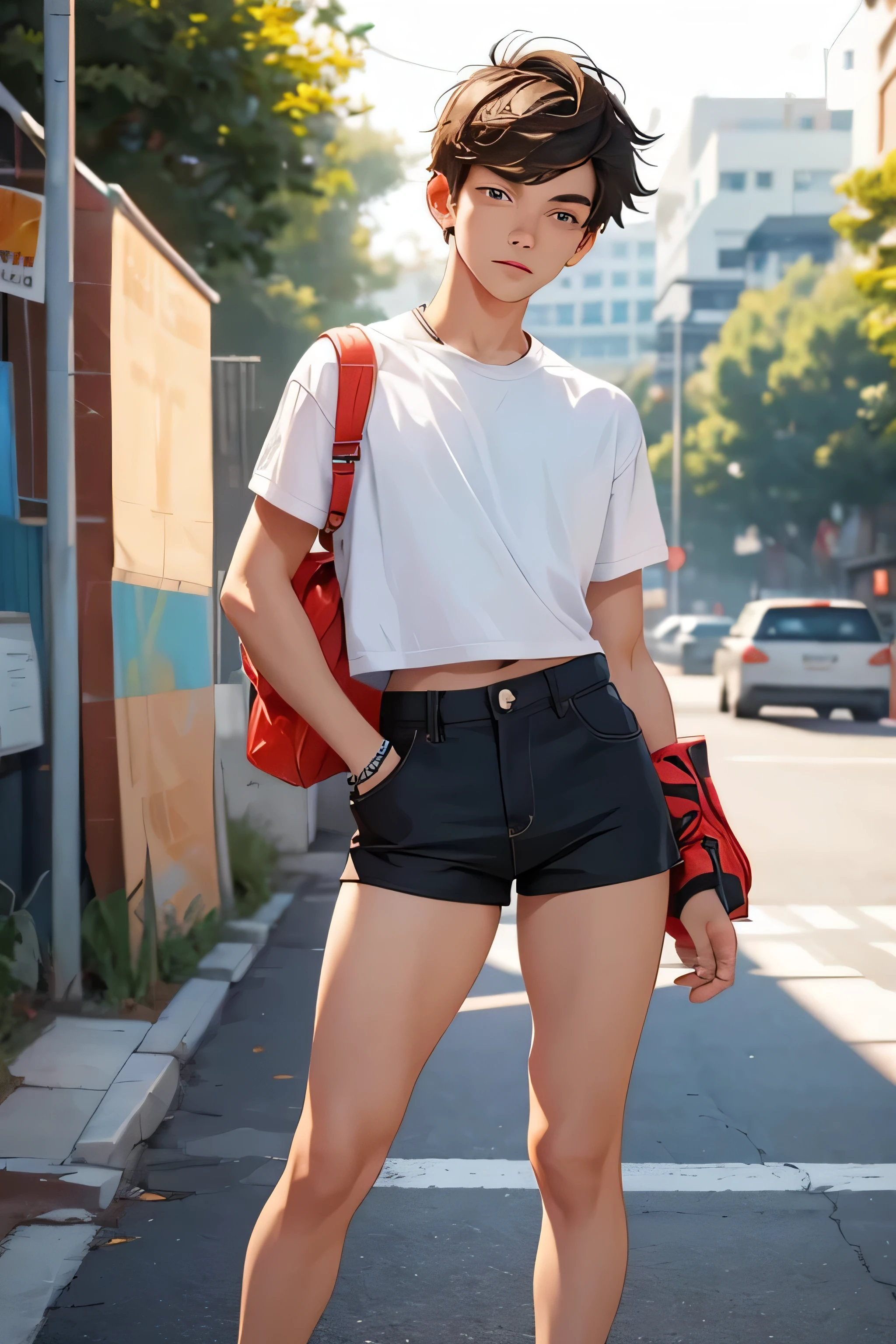 teenage boy 16 years old, the boy is a handsome cute model, a teenage boy is dressed in a cropped shirt and too much short mini shorts, the shorts are too much short and sporty, the boy's legs are beautiful, the boy is posing flirtatiously, hot summer outfit , top quality