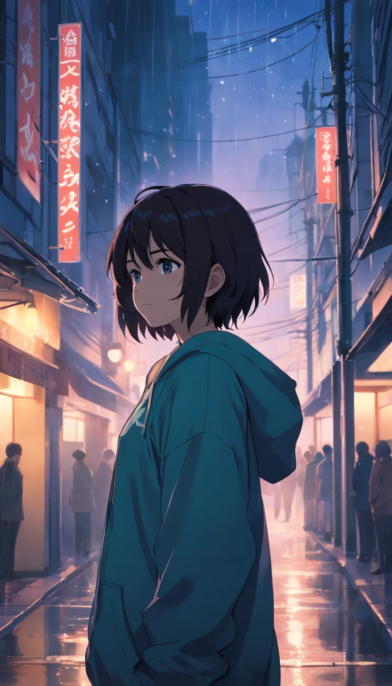 A 20-year-old girl, murderous, with dark hair and piercing eyes, wears a simple black hood that partially covers her face. She is in a dark environment during a rainy night, with raindrops running down her face. His posture is firm and determined, with his shoulders slightly tilted forward, indicating readiness for action. The lighting of the scene highlights the details of his serious and focused expression, while the dark atmosphere highlights his mysterious and lethal aura.