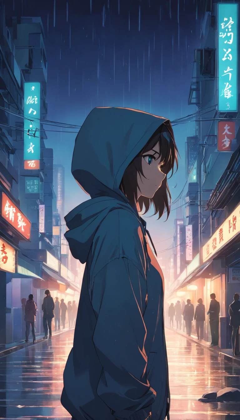 A 20-year-old girl, murderous, with dark hair and piercing eyes, wears a simple black hood that partially covers her face. She is in a dark environment during a rainy night, with raindrops running down her face. His posture is firm and determined, with his shoulders slightly tilted forward, indicating readiness for action. The lighting of the scene highlights the details of his serious and focused expression, while the dark atmosphere highlights his mysterious and lethal aura.