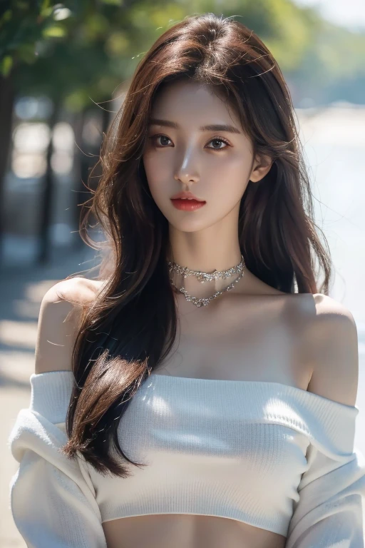 8K, masterpiece, RAW photos, best quality, realistic, Highly detailed CG Unity 8k wallpaper, depth of field, cinematic light, lens flare, ray tracing, (very beautiful face, beautiful lips, beautiful eyes), Face with intricate details, ((highly detailed skin), Photos of Pretty 1 girl highest quality, ultra high resolution, (Actually:1.4),cute hairpins,1 girl,red long hair,Cropped sweater ,Beautiful woman with a slender body:1.4, pronounced abs:1.4, on the island,ultra fine face,exquisite eyes,double eyelid,choker necklace