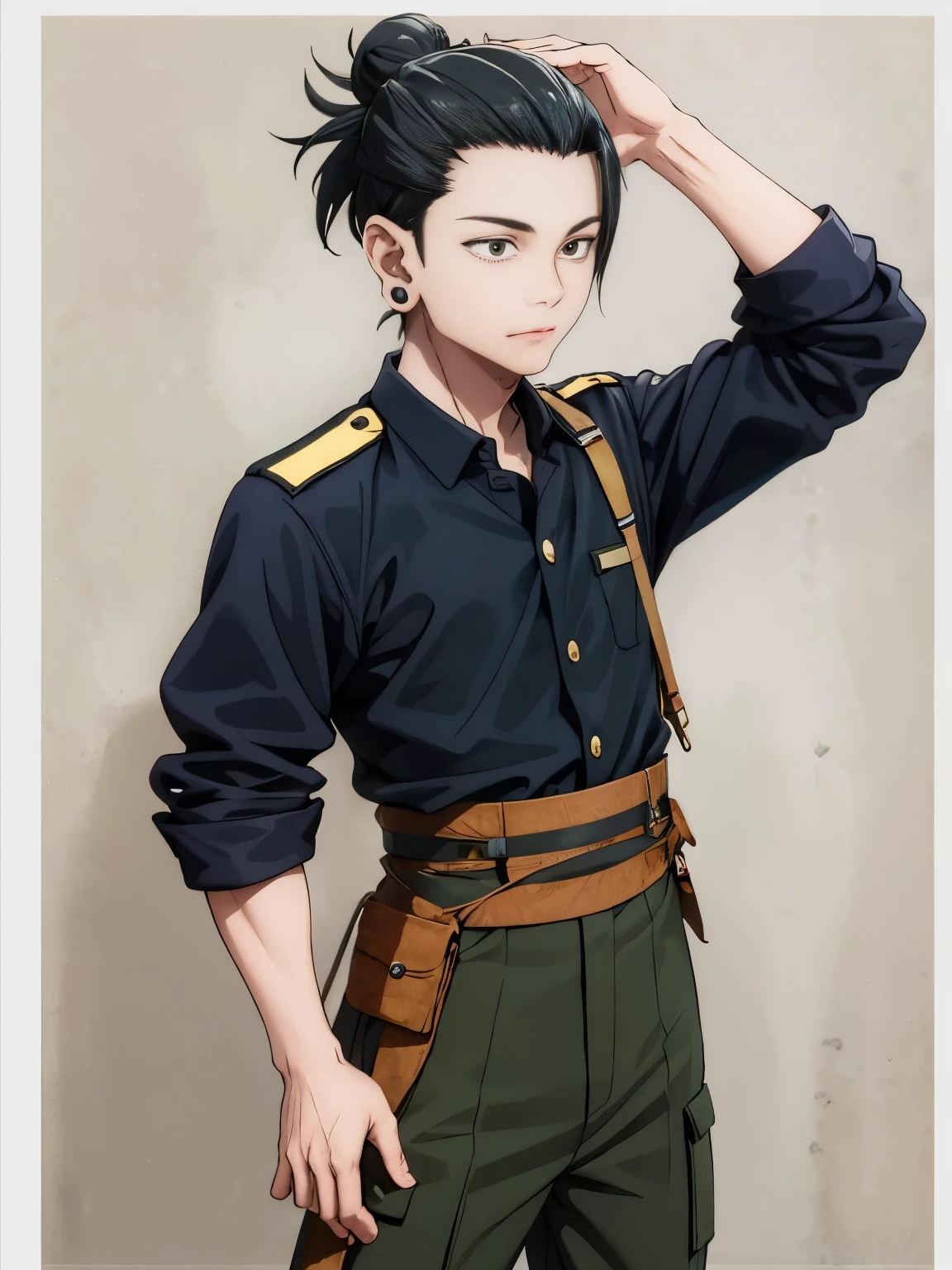 1 boy, Hair tied,army uniform, ultra detail, ultra HD,hald body photo