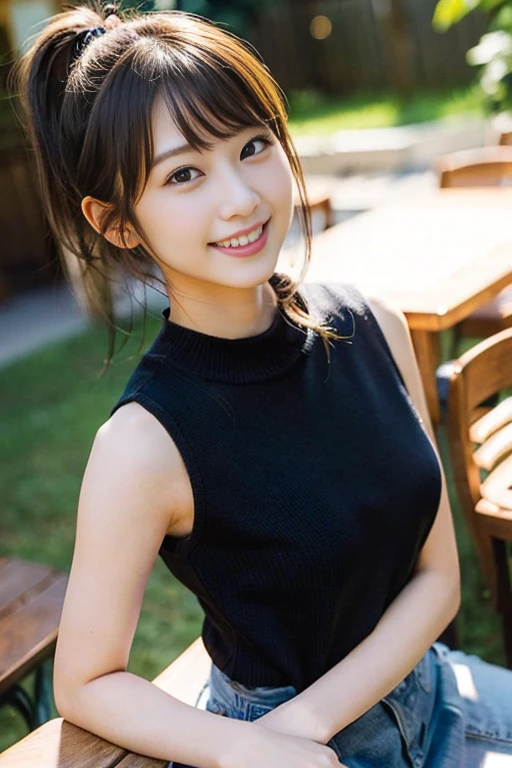 (8K、Raw photography、top-quality、​masterpiece:1.2)、(realisitic、Photorealsitic:1.37)、ultra-detailliert、超A high resolution、1 girl、see the beholder、beautifull detailed face、A smile、Constriction、(Slim waist) :1.3)、Beautiful detailed skin、Skin Texture、Straight hair、Professional Lighting、(Whole human body)、Short hair、a blond、hi-school girl、School Grounds、Small breasts、Bob Hair、Happy smile、perspiring、(Armpit)、(Sitting table:1.2)、(Facing the front)、(Spread legs:1.2)、(Low ponytail:1.1),Exposed ,(fullnude), Uncensored,