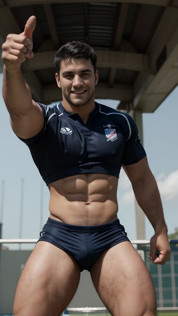 1 man rugby player ,Full body, smile, rugby player, sport pants, rugby tight esportive uniform, Black hair fade , blue alluring large eyes, European 3 man, (High shadow detail), showing his Calvin Klein underwear, muscular chest, long legs, left arm tattoo, large mouth, Wide shoulders, nice hands thumbs-up.