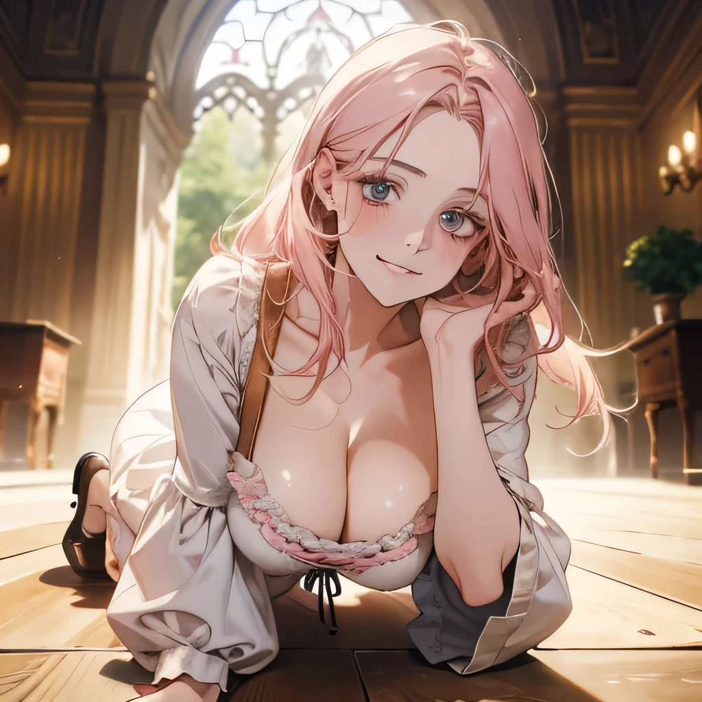 (Best image quality),masterpiece,8k wallpaper,One Woman,22 years old,Europe,((German folk costume)),Large Breasts,Cleavage,On all fours,Looking up at the audience,Captivating smile,Pink Cheeks,The background is a German village,Natural soft light,frontage,70 degree angle of view